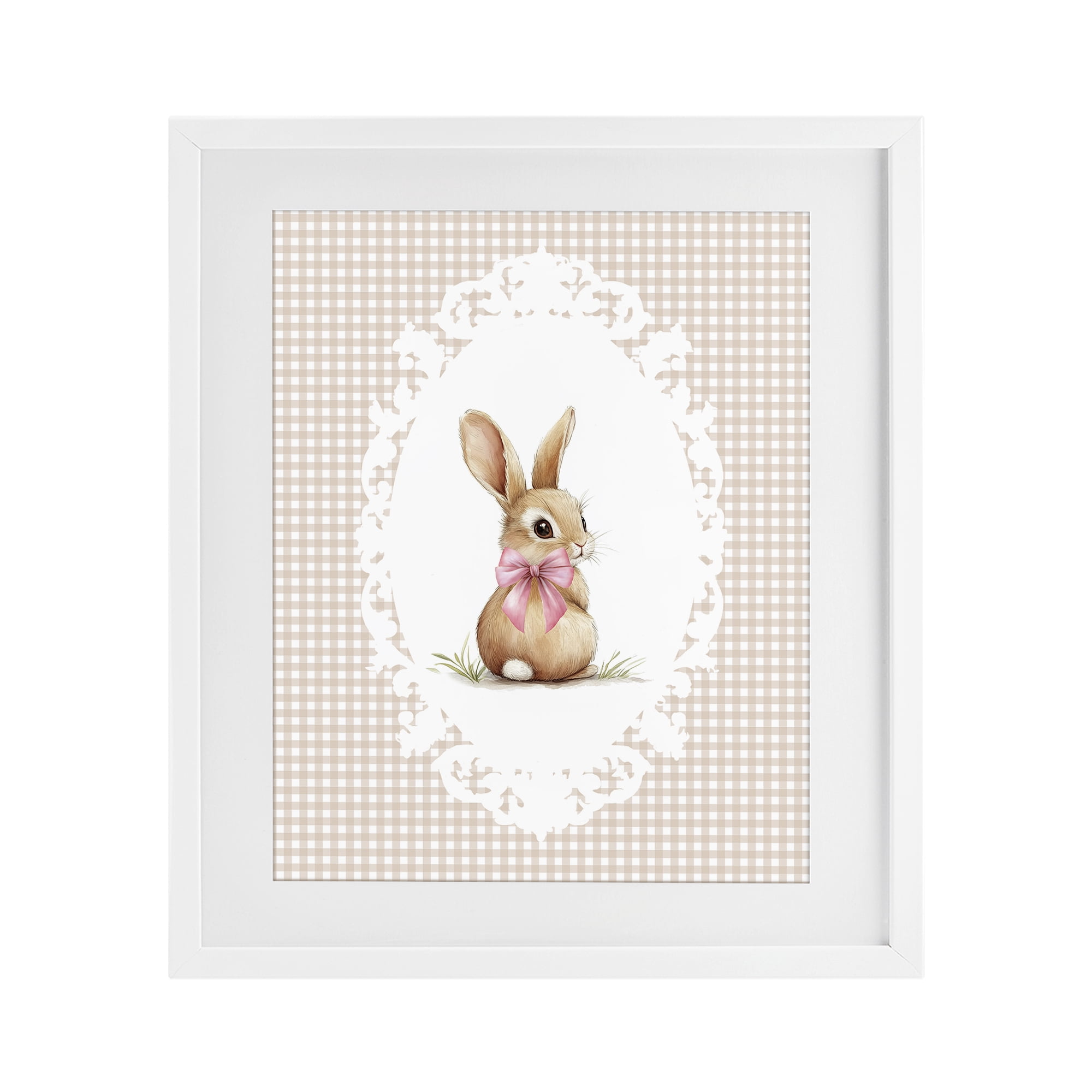 Stupell Industries Vintage Bow & Gingham Bunny White Framed Print Under Glass, design by Christine Simpson Art