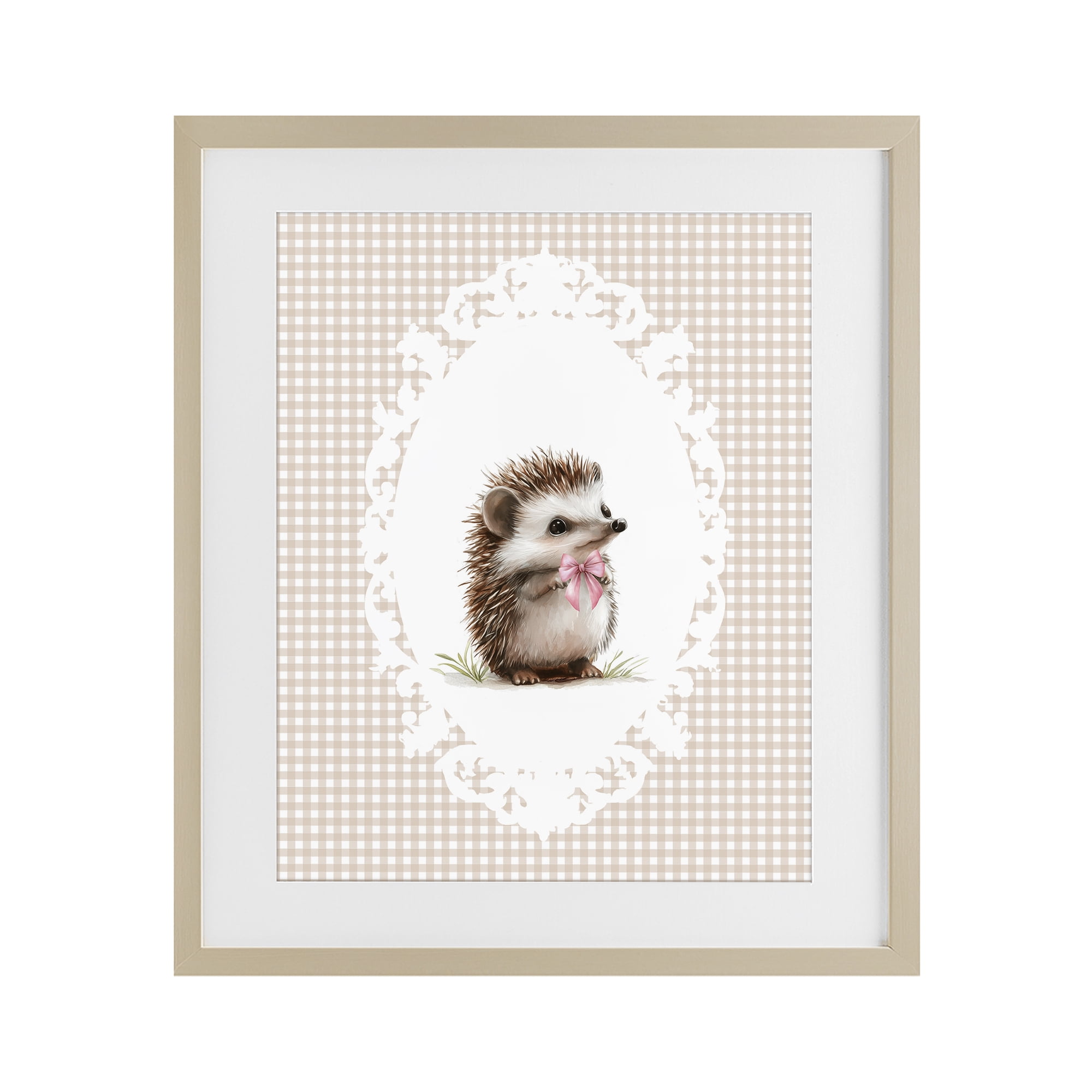 Stupell Industries Vintage Bow Hedgehog on Gingham Birch Framed Print Under Glass, design by Christine Simpson Art