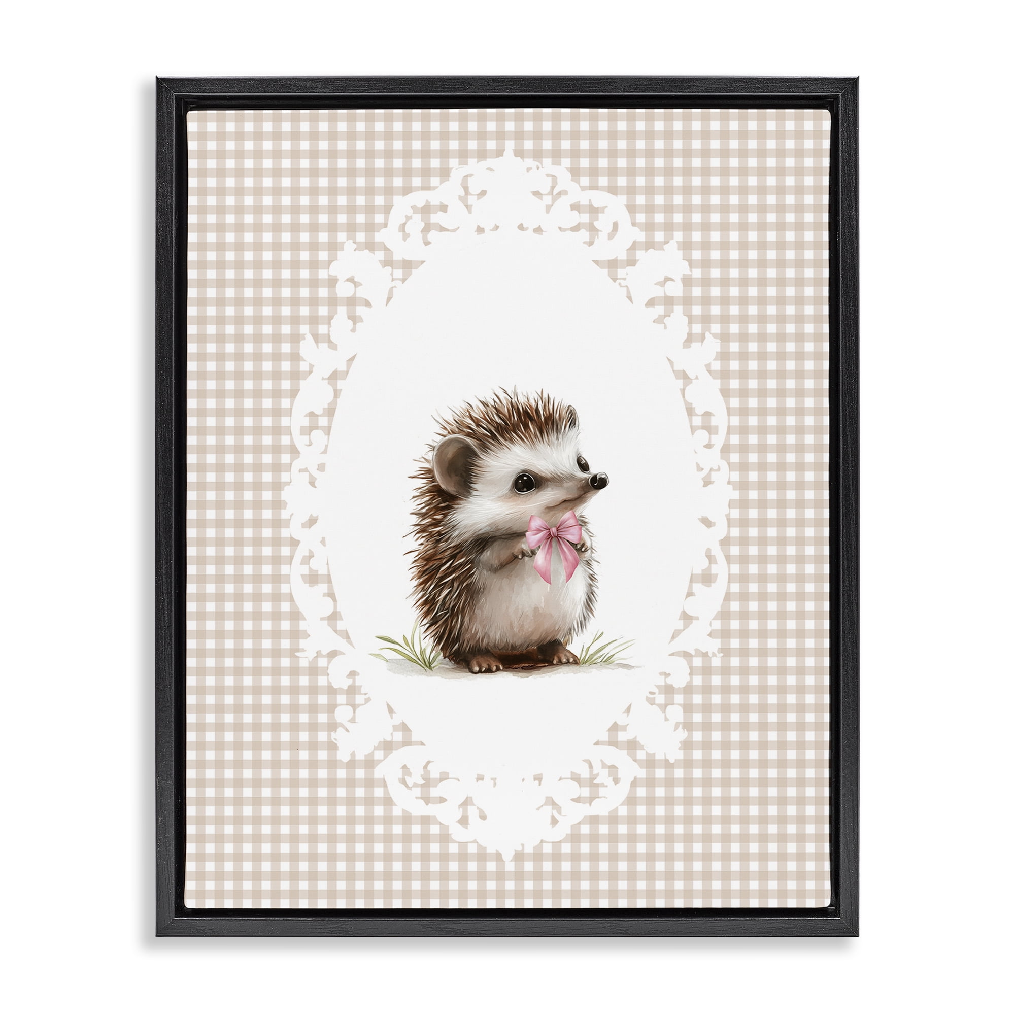 Stupell Industries Vintage Bow Hedgehog on Gingham Black Framed Floater Canvas Wall Art, design by Christine Simpson Art
