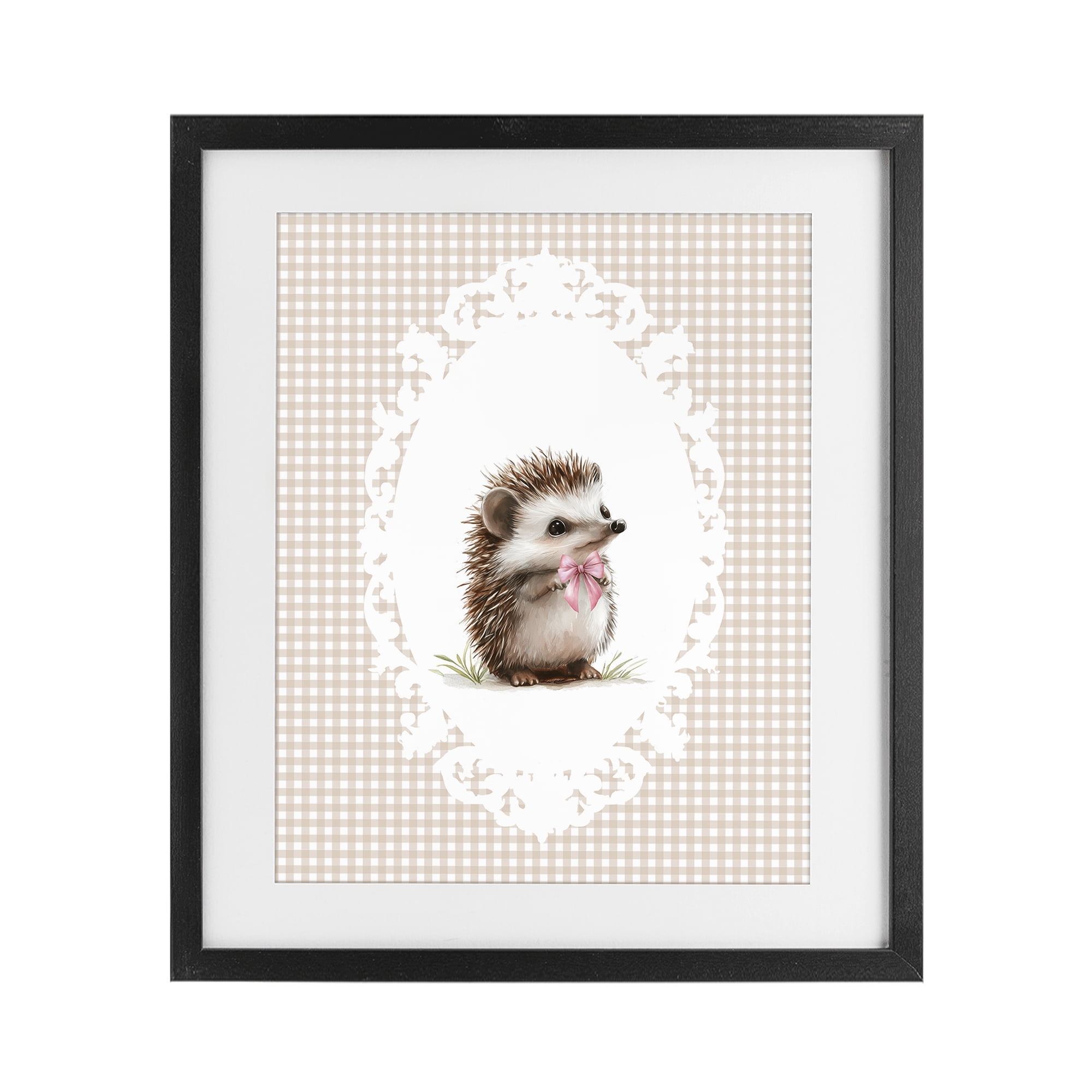 Stupell Industries Vintage Bow Hedgehog on Gingham Black Framed Print Under Glass, design by Christine Simpson Art