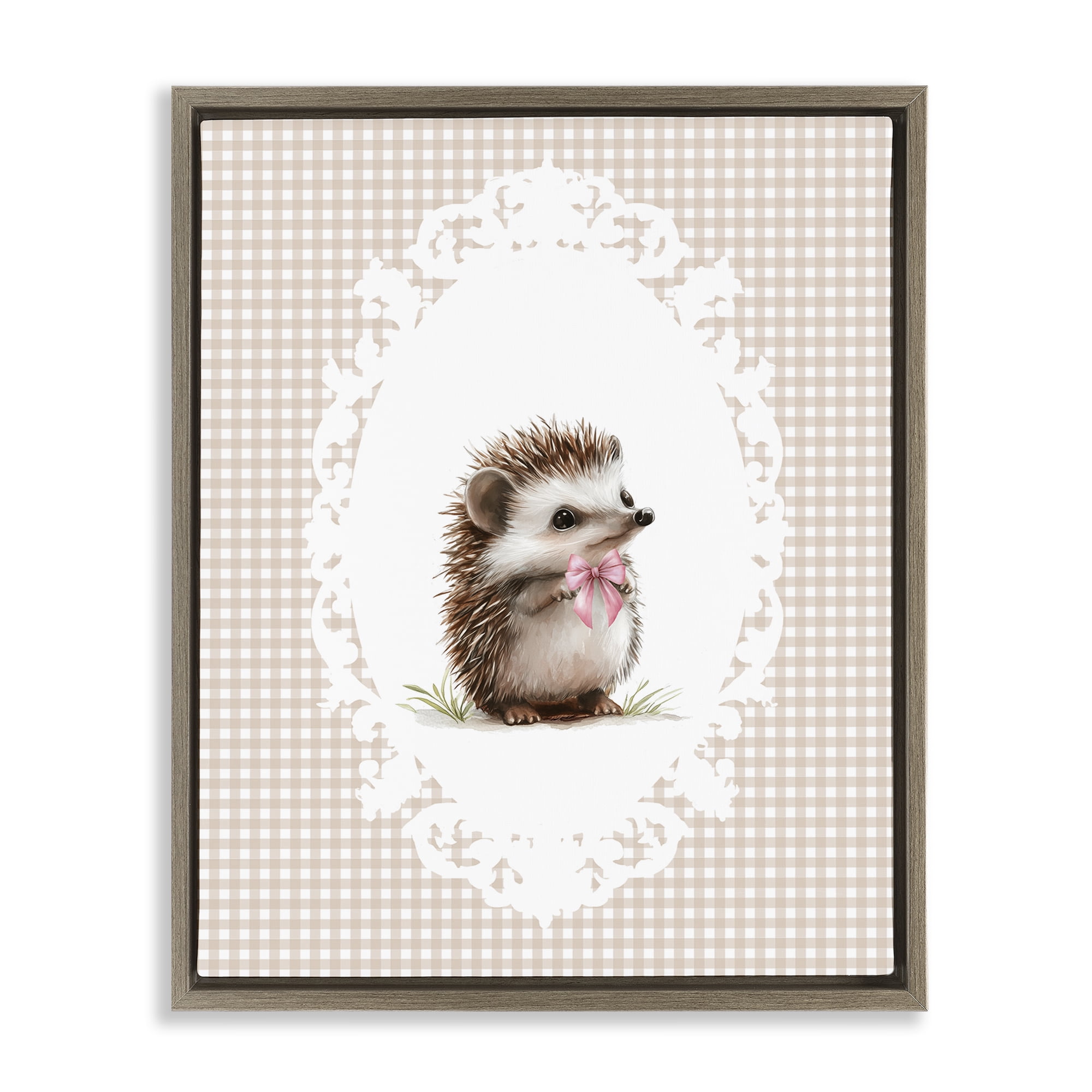 Stupell Industries Vintage Bow Hedgehog on Gingham Brown Framed Floater Canvas Wall Art, design by Christine Simpson Art