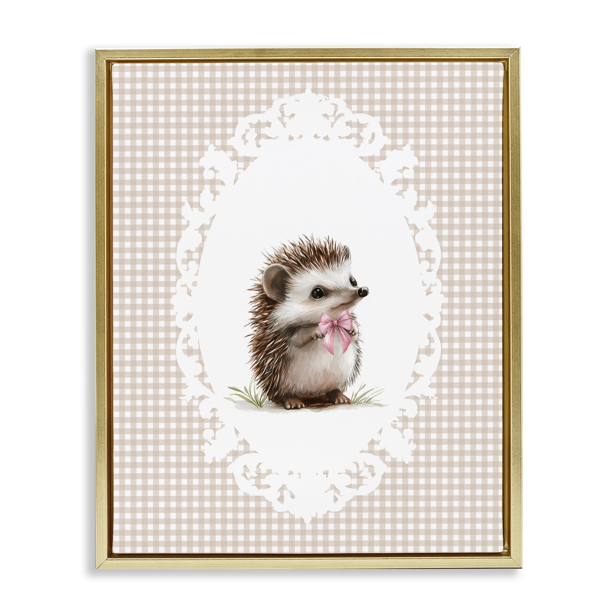 Stupell Industries Vintage Bow Hedgehog on Gingham Gold Framed Floater Canvas Wall Art, design by Christine Simpson Art