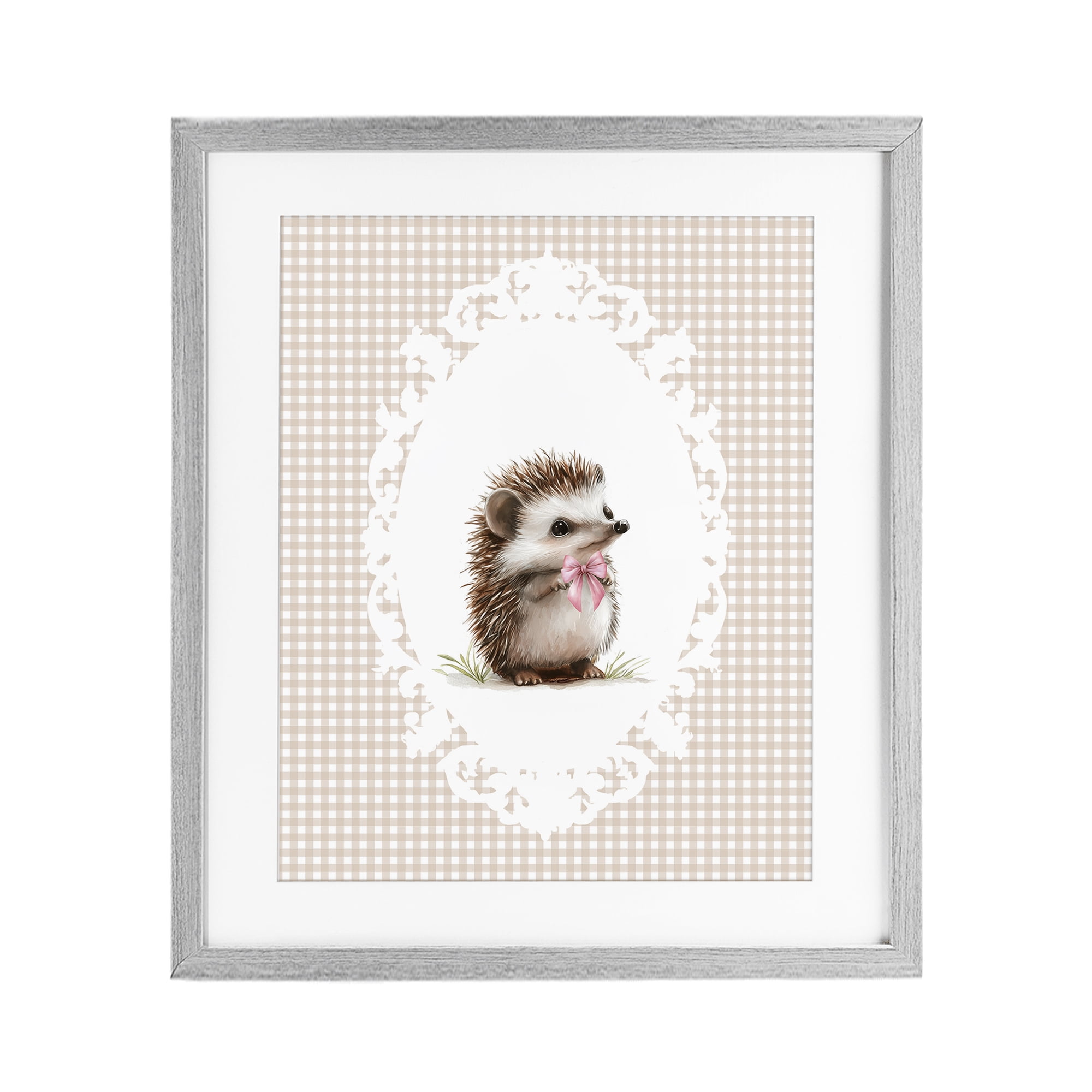 Stupell Industries Vintage Bow Hedgehog on Gingham Gray Framed Print Under Glass, design by Christine Simpson Art