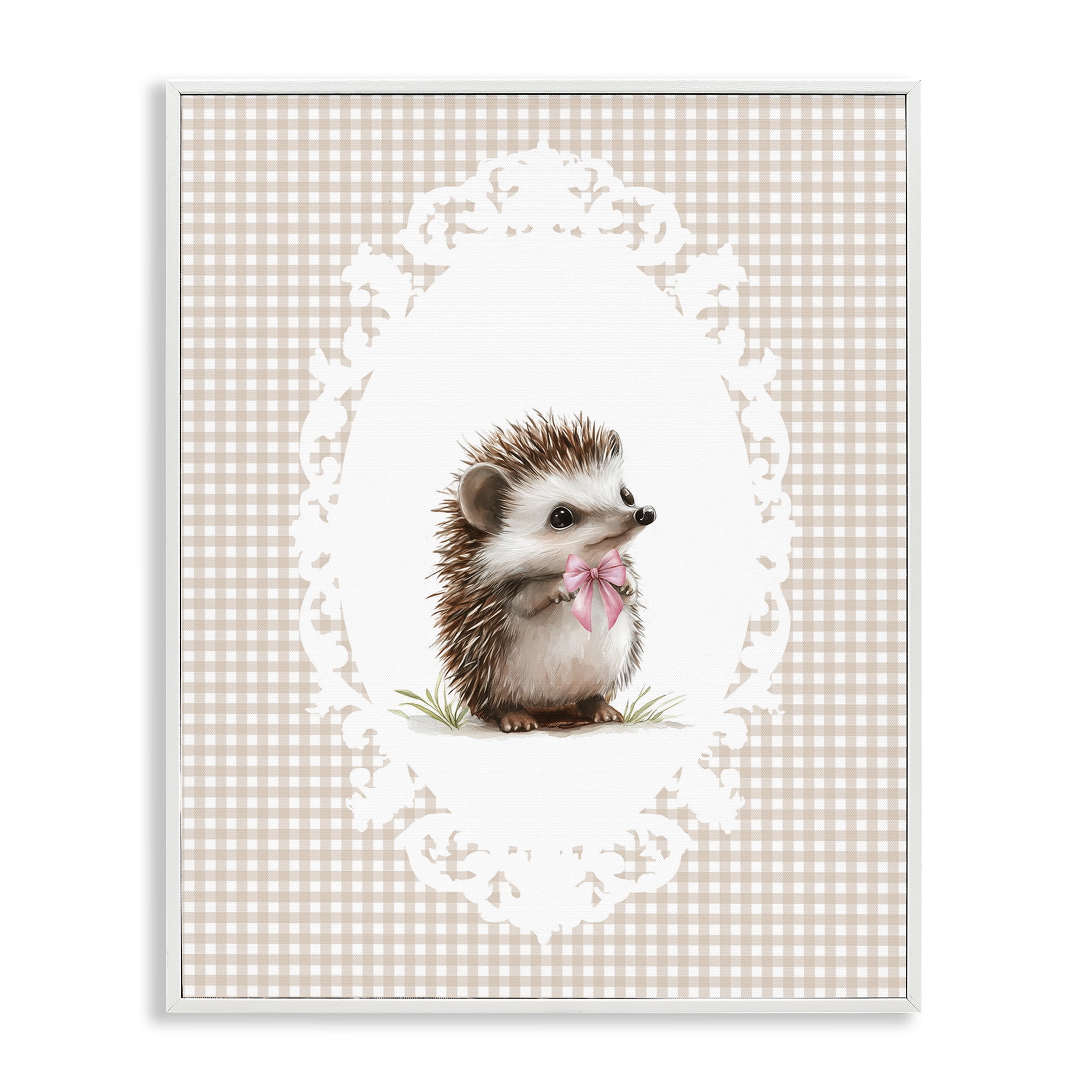 Stupell Industries Vintage Bow Hedgehog on Gingham White Framed Giclee Art, design by Christine Simpson Art