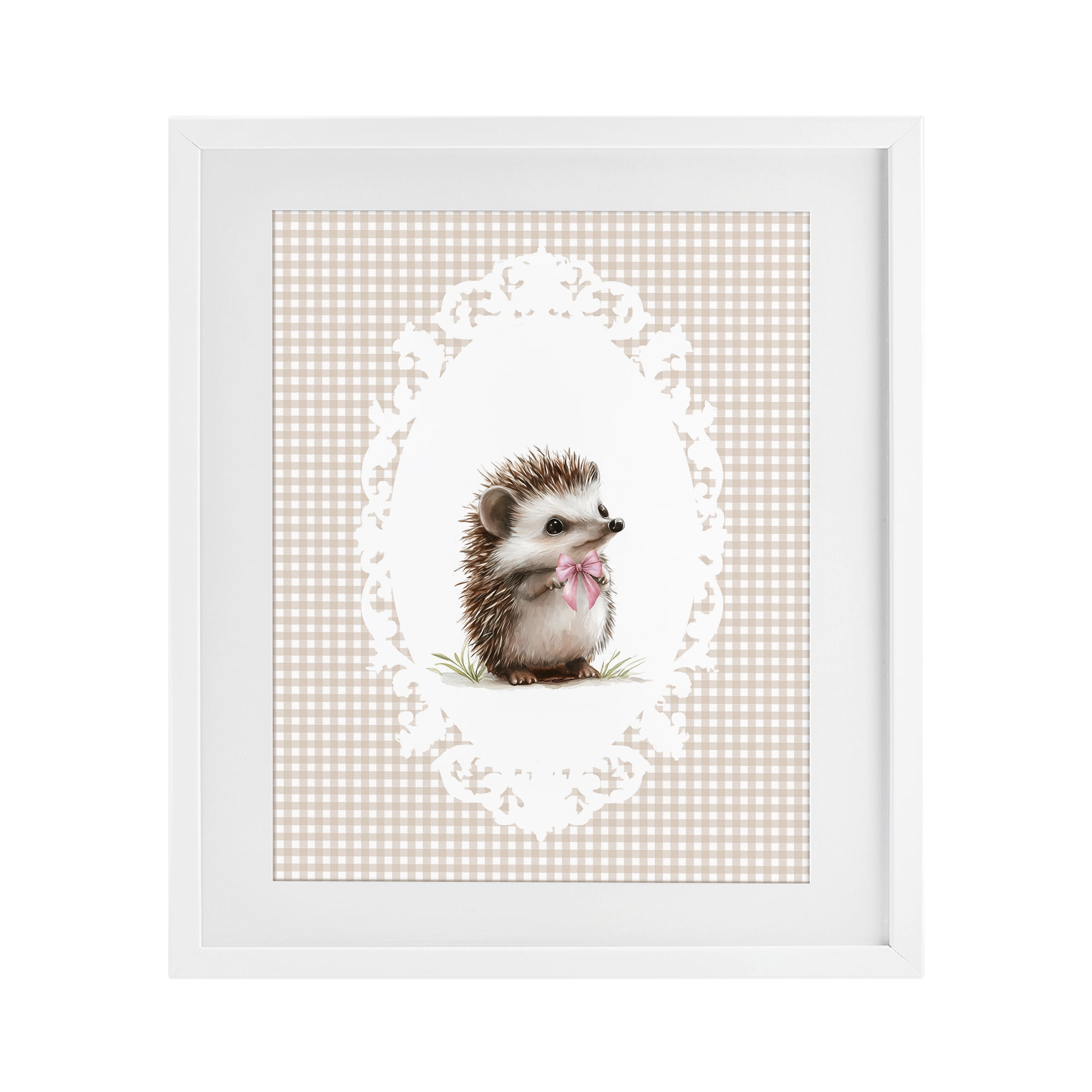 Stupell Industries Vintage Bow Hedgehog on Gingham White Framed Print Under Glass, design by Christine Simpson Art