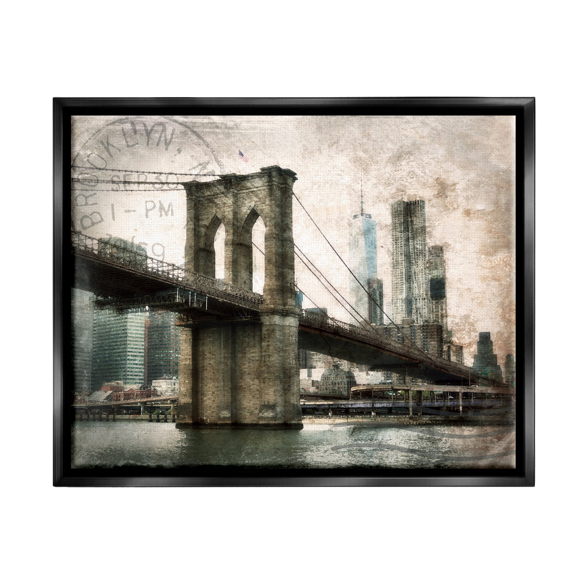 Stupell Industries Vintage Brooklyn Bridge Abstract Painting Black Floater Framed Canvas Art Print Wall Art, 31 x 25