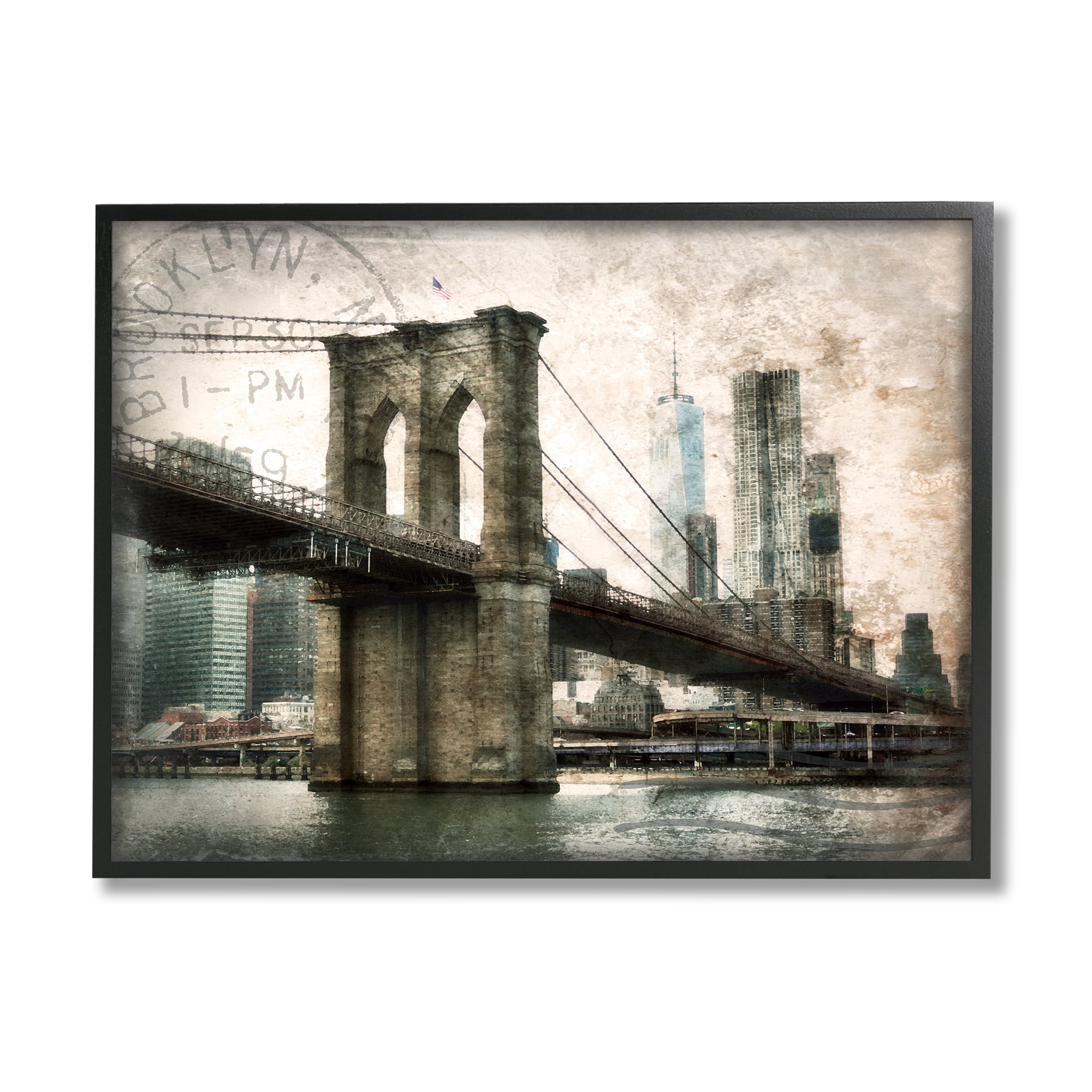 Stupell Industries Vintage Brooklyn Bridge Abstract Painting Black Framed Art Print Wall Art, 14 x 11