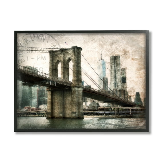 Stupell Industries Vintage Brooklyn Bridge Abstract Painting Black Framed Art Print Wall Art, 20 x 16