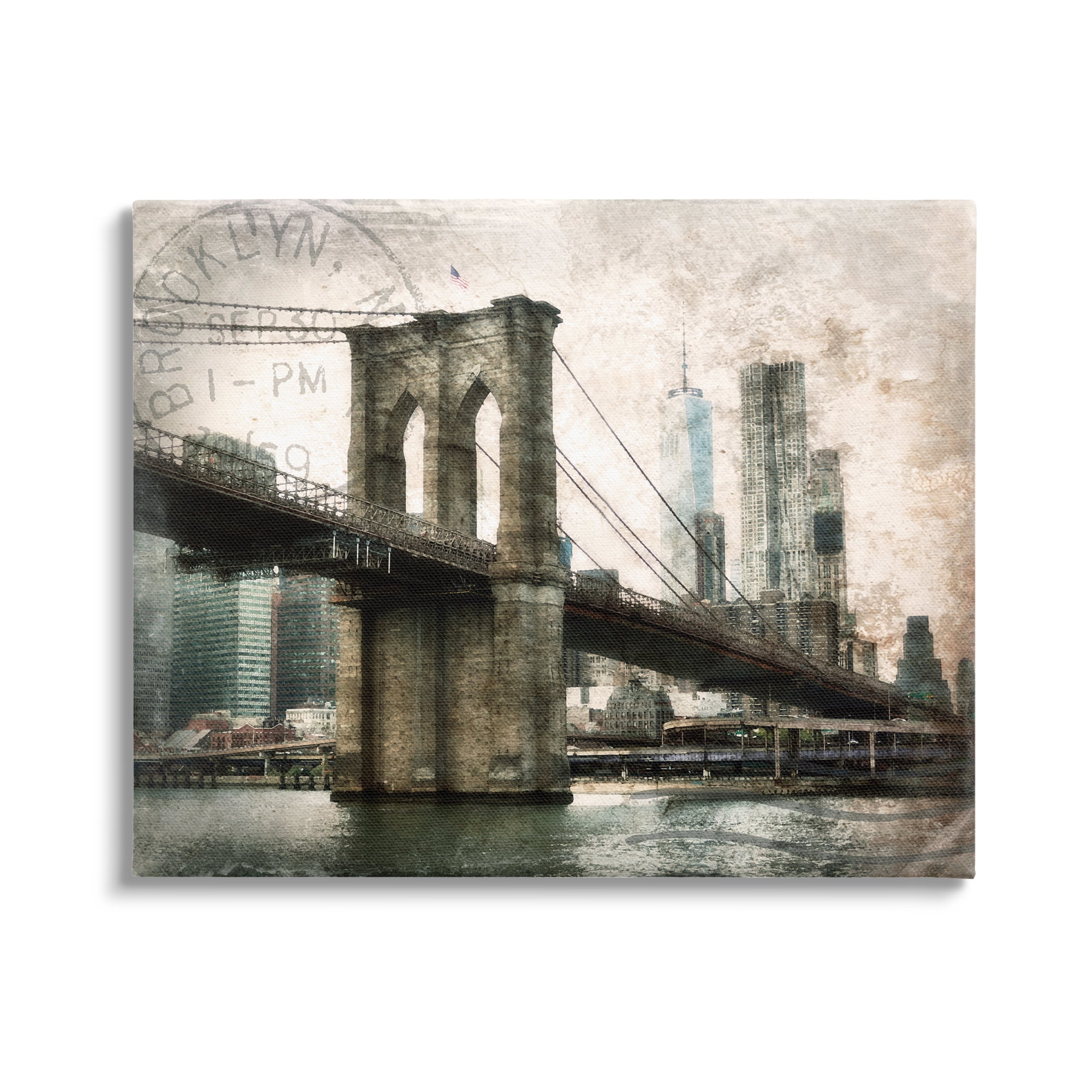 Stupell Industries Vintage Brooklyn Bridge Abstract Painting Gallery Wrapped Canvas Art Print Wall Art, 30 x 24