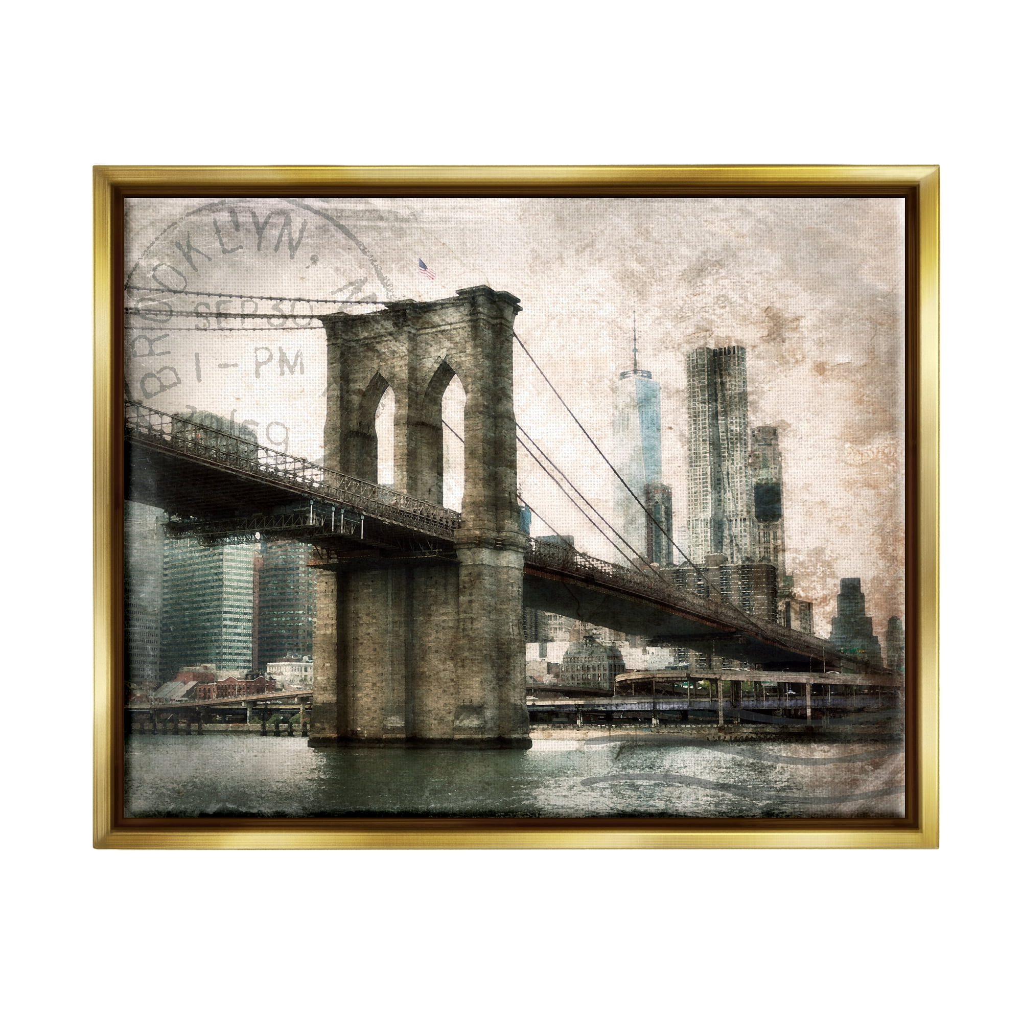 Stupell Industries Vintage Brooklyn Bridge Abstract Painting Gold Floater Framed Canvas Art Print Wall Art, 31 x 25