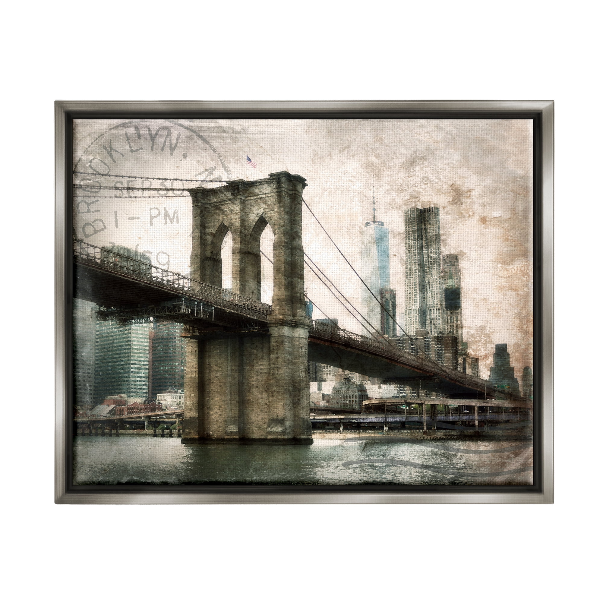 Stupell Industries Vintage Brooklyn Bridge Abstract Painting Gray Floater Framed Canvas Art Print Wall Art, 31 x 25