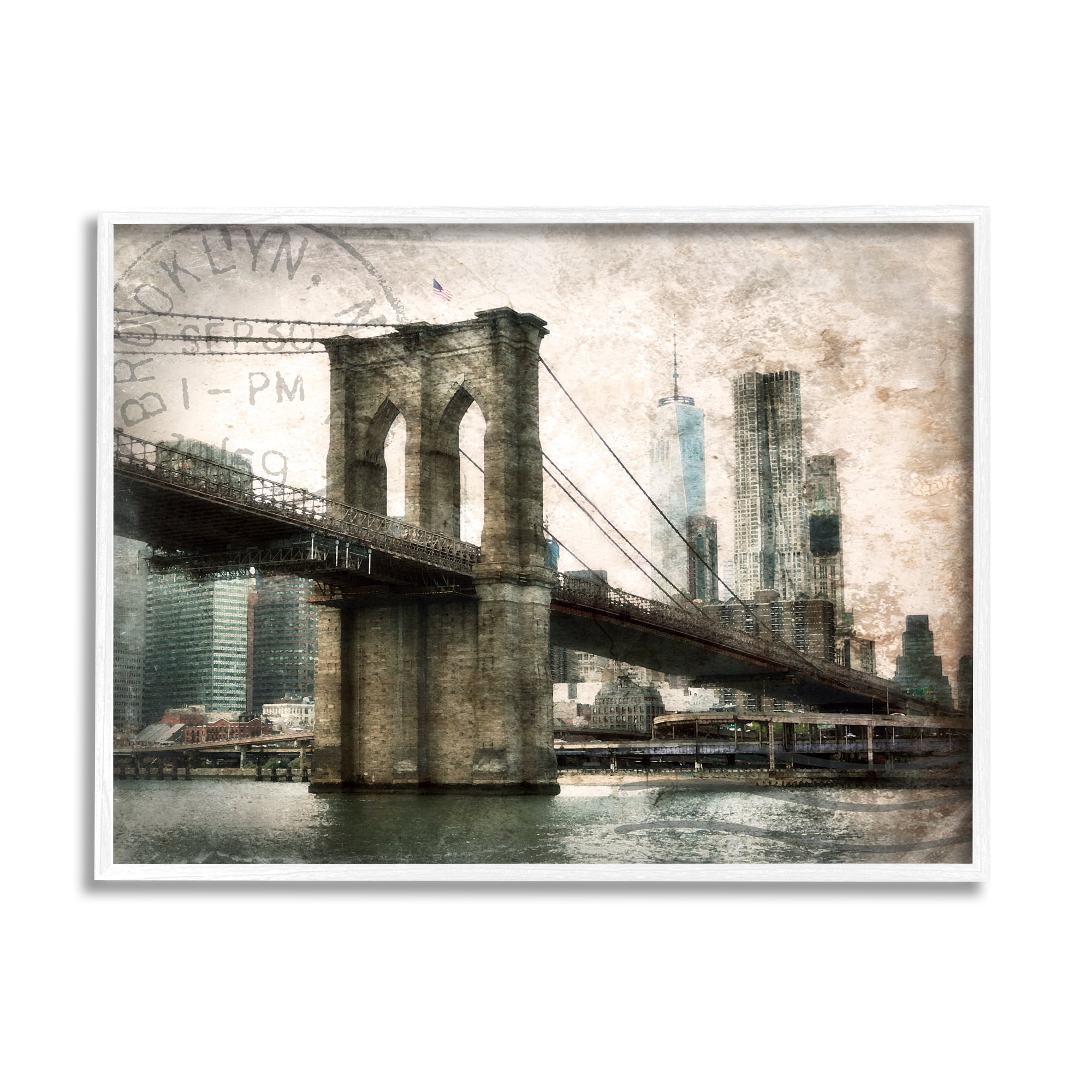 Stupell Industries Vintage Brooklyn Bridge Abstract Painting White Framed Art Print Wall Art, 14 x 11