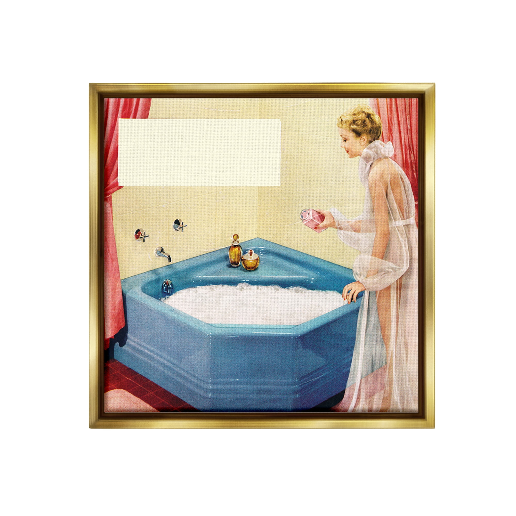Stupell Industries Vintage Bubble Bath Girl Novelty Painting Gold Floater Framed Canvas Art Print Wall Art, 18 x 18