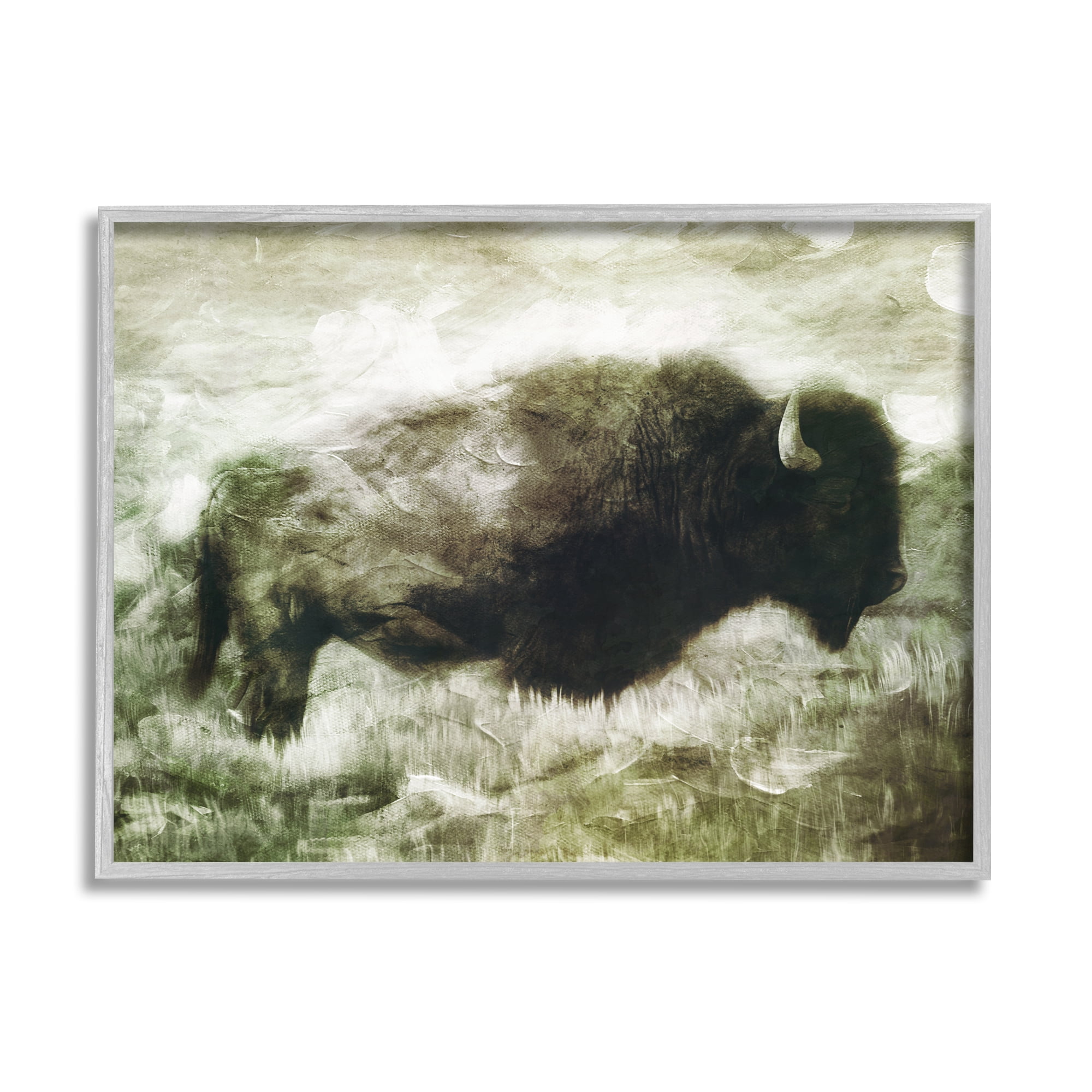 Stupell Industries Vintage Buffalo in Distressed Rustic Field Country Animal Animals & Insects Painting Gray Framed Art Print Wall Art, 11 x 14