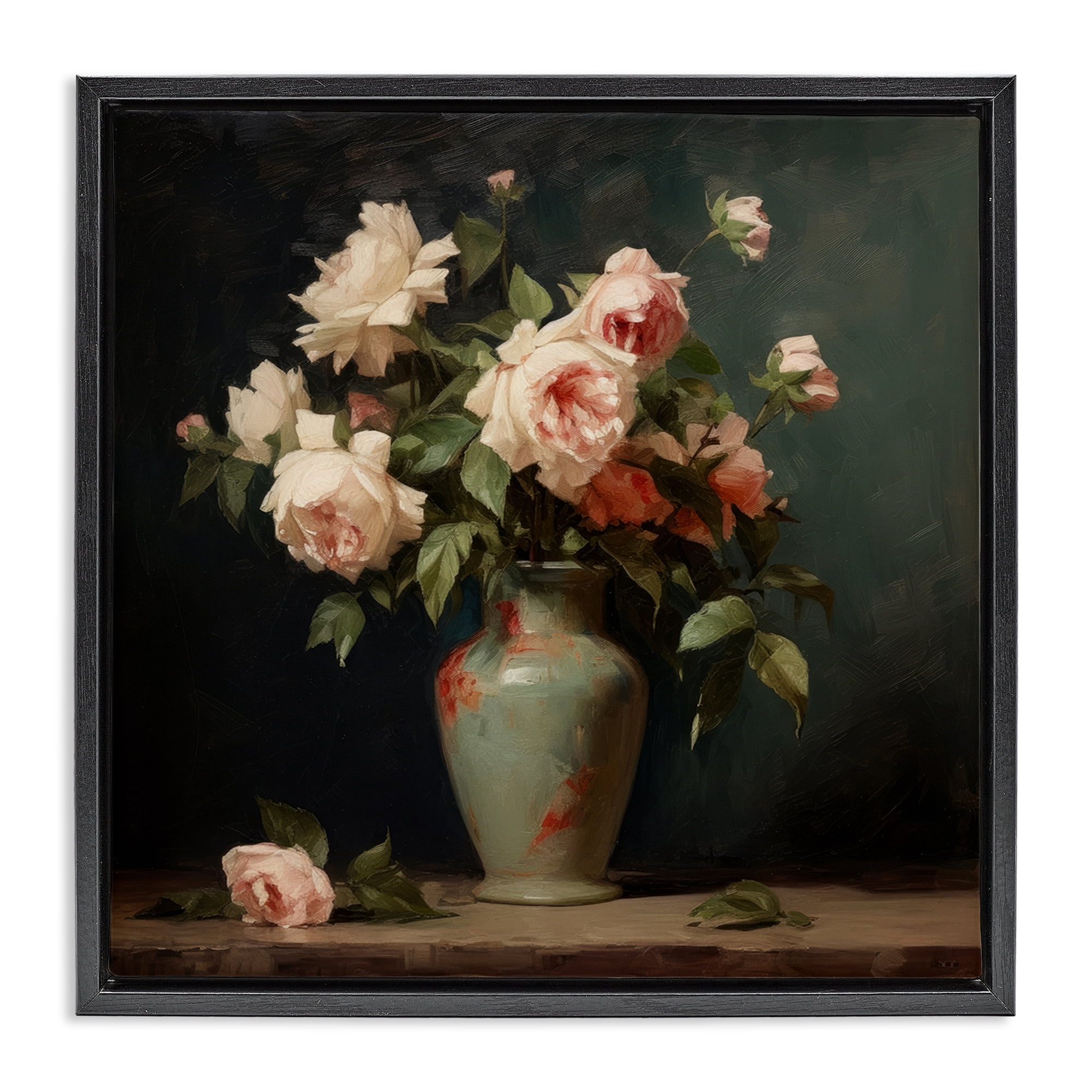 Stupell Industries Vintage Bunches in Vase Plants & Flowers Painting Black Floater Framed Canvas Art Print Wall Art, 25 x 25