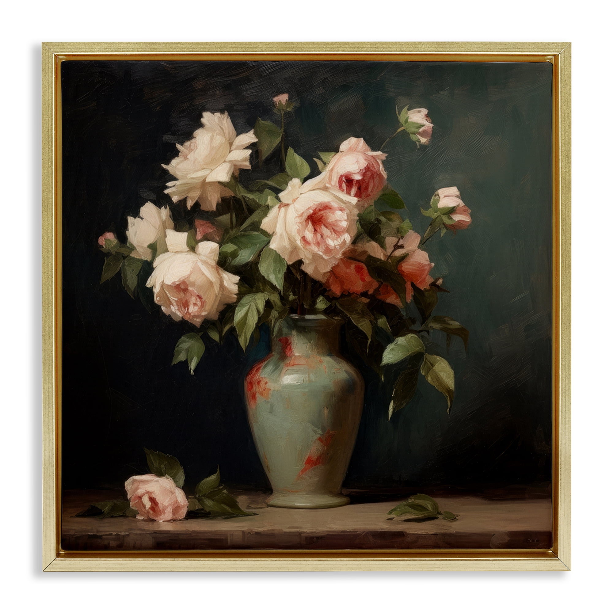 Stupell Industries Vintage Bunches in Vase Plants & Flowers Painting Gold Floater Framed Canvas Art Print Wall Art, 18 x 18