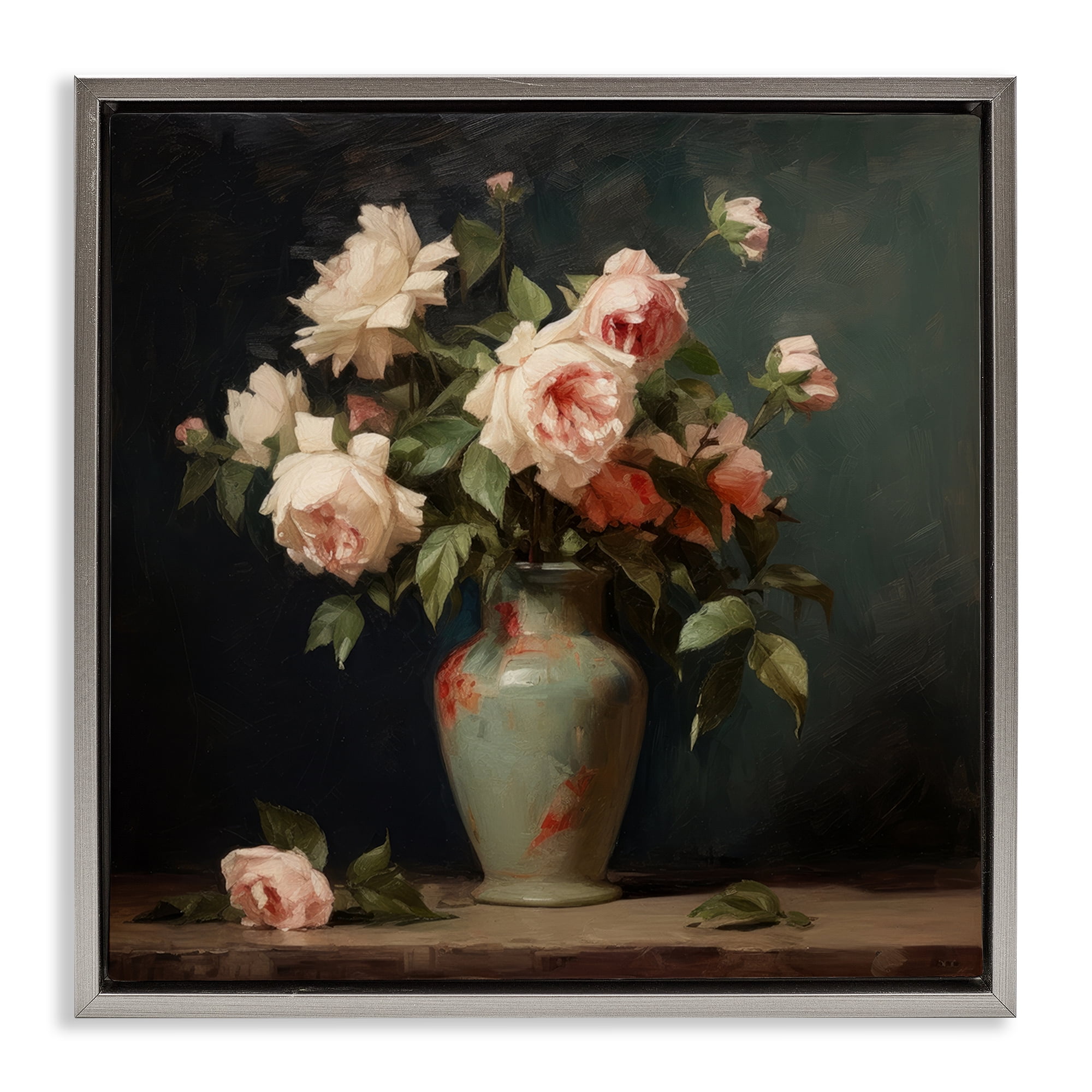 Stupell Industries Vintage Bunches in Vase Plants & Flowers Painting Gray Floater Framed Canvas Art Print Wall Art, 18 x 18