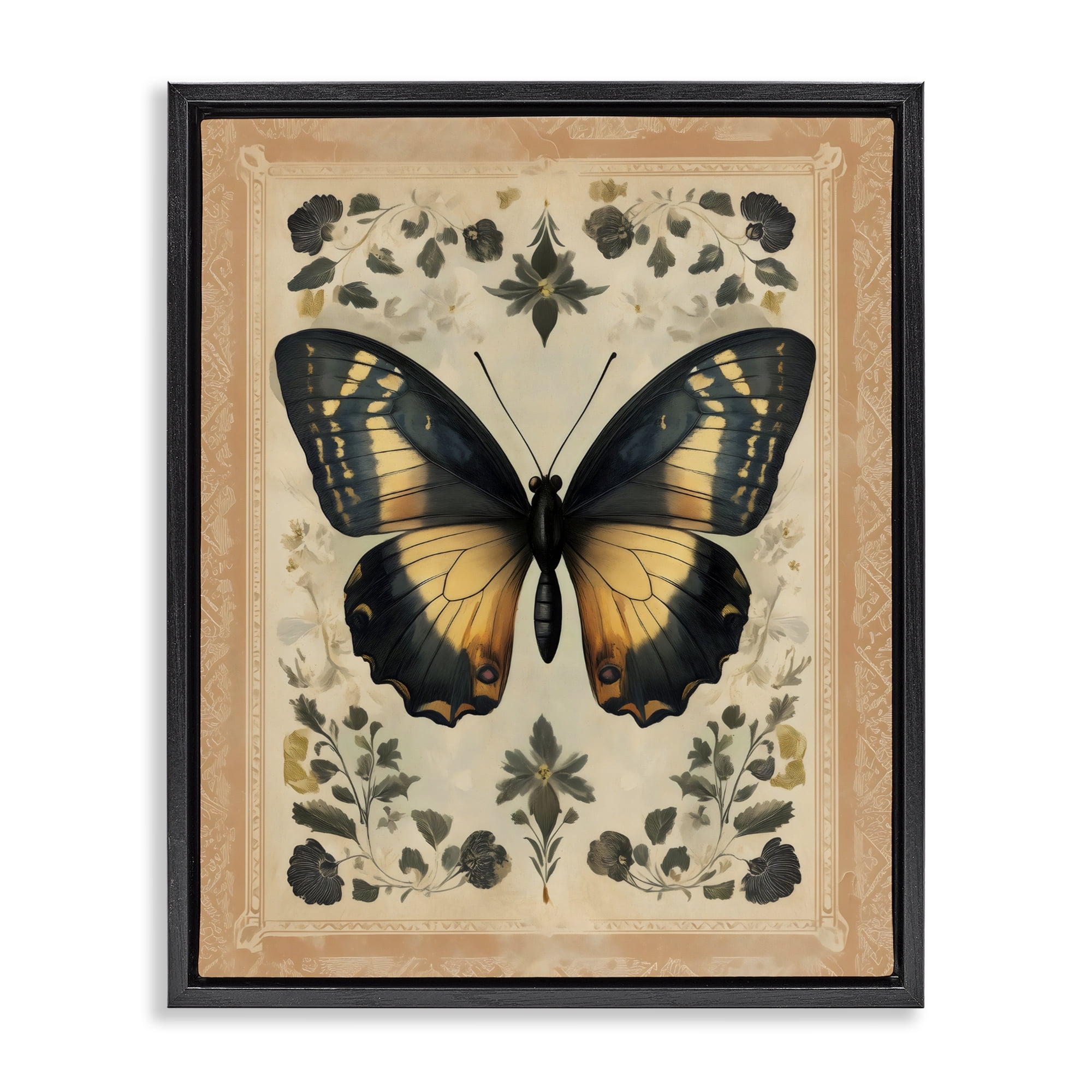 Stupell Industries Vintage Butterfly Botanical Illustration Black Framed Floater Canvas Wall Art, design by Arlington Prints