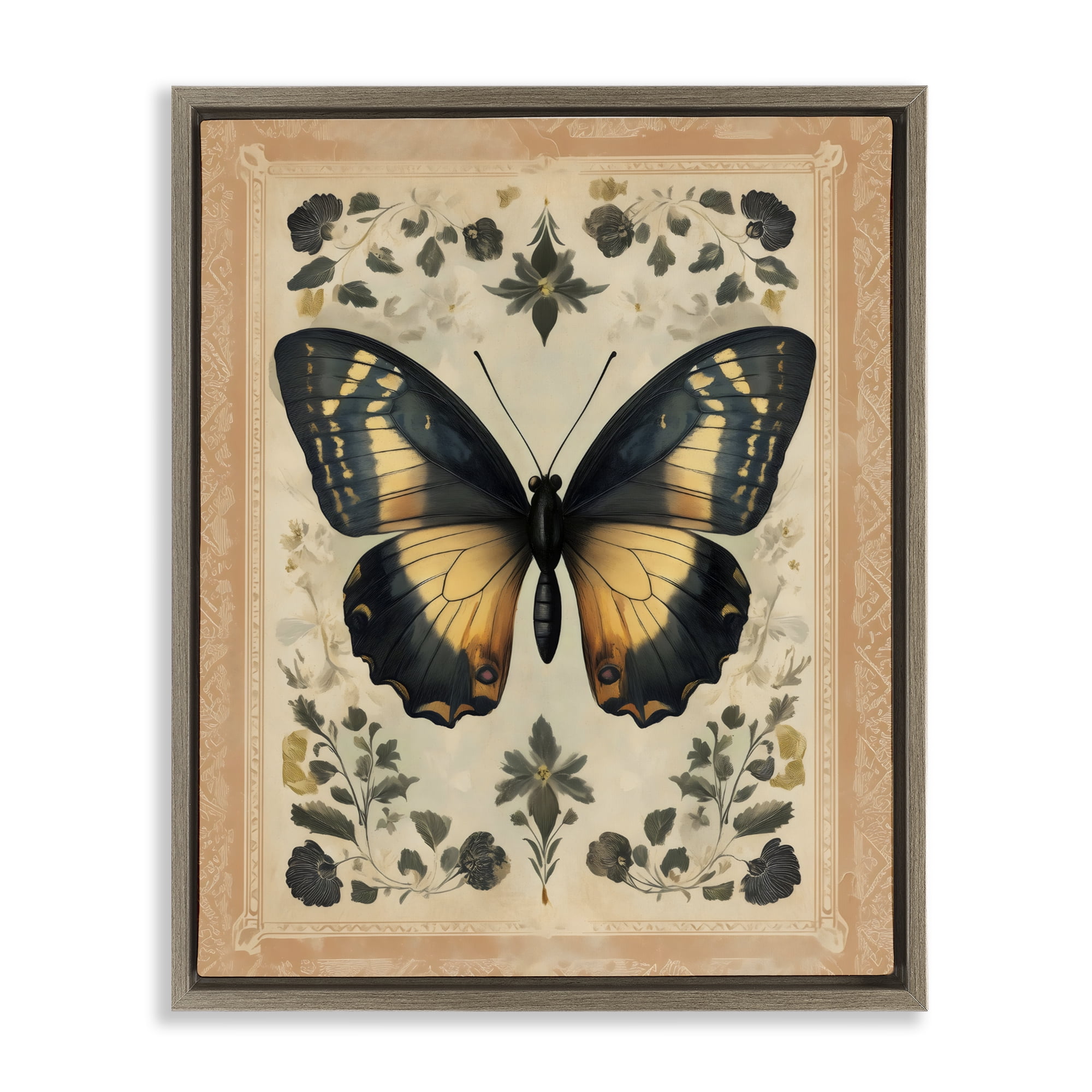 Stupell Industries Vintage Butterfly Botanical Illustration Brown Framed Floater Canvas Wall Art, design by Arlington Prints