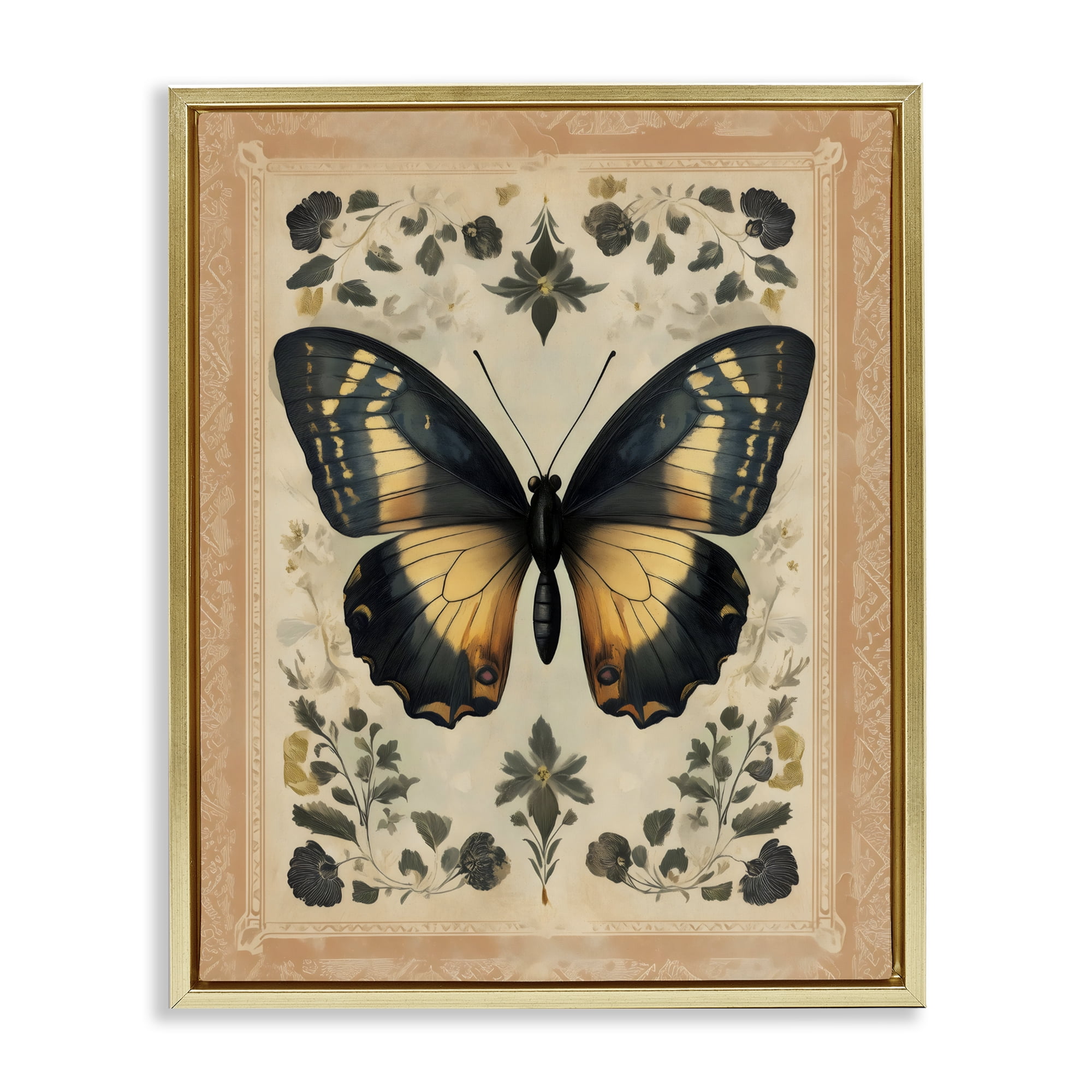 Stupell Industries Vintage Butterfly Botanical Illustration Gold Framed Floater Canvas Wall Art, design by Arlington Prints