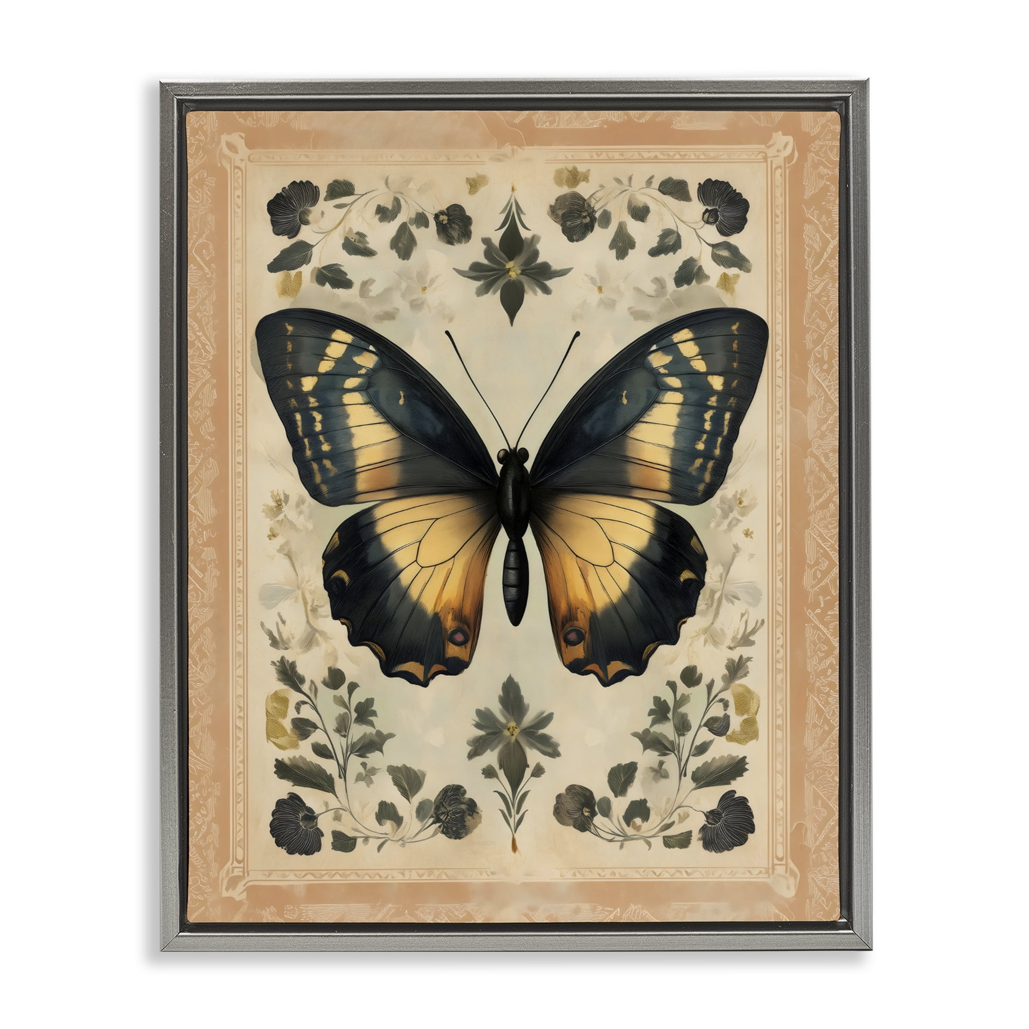 Stupell Industries Vintage Butterfly Botanical Illustration Gray Framed Floater Canvas Wall Art, design by Arlington Prints