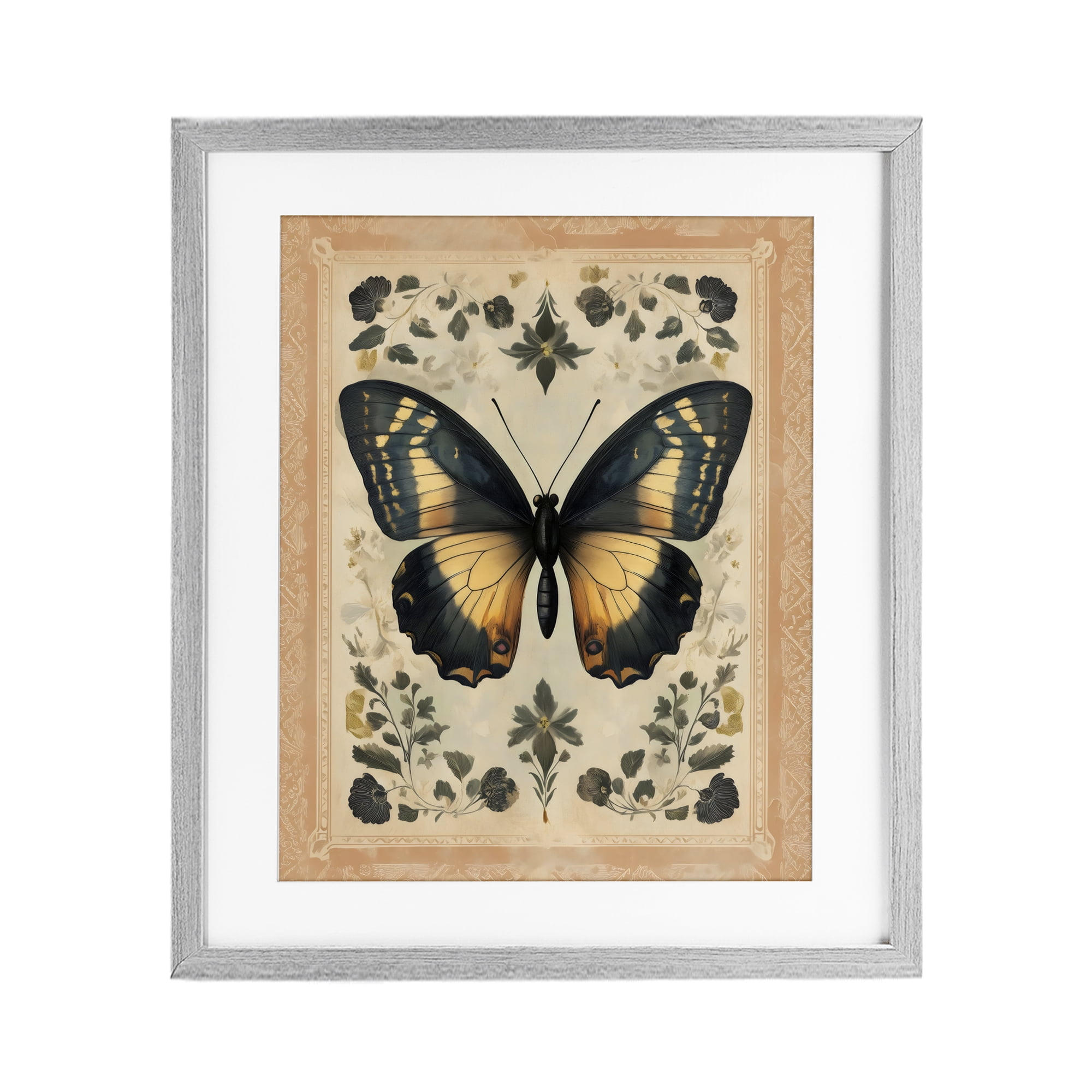 Stupell Industries Vintage Butterfly Botanical Illustration Gray Framed Print Under Glass, design by Arlington Prints
