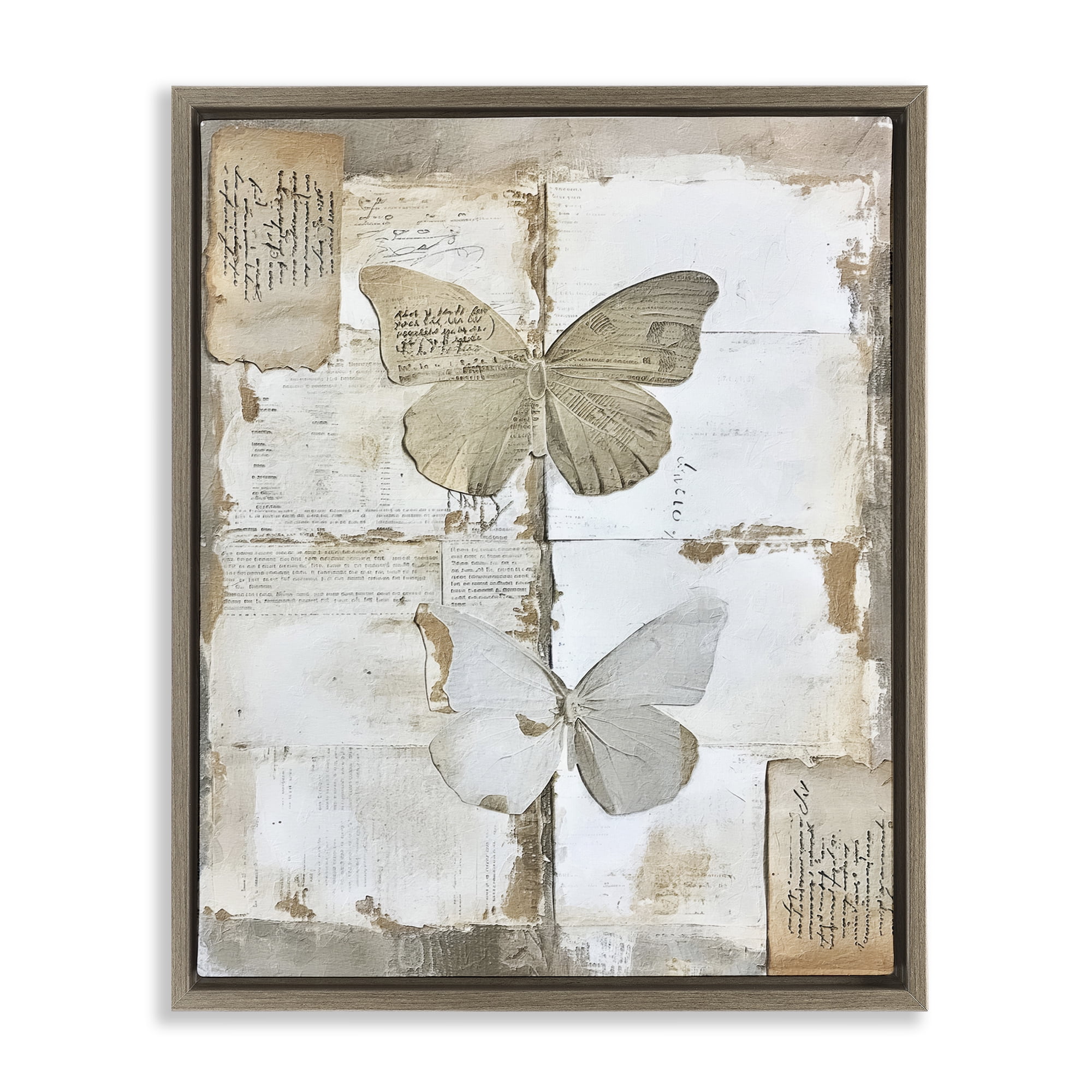 Stupell Industries Vintage Butterfly Collage Animals Painting Brown Floater Framed Canvas Art Print Wall Art, 17 x 21