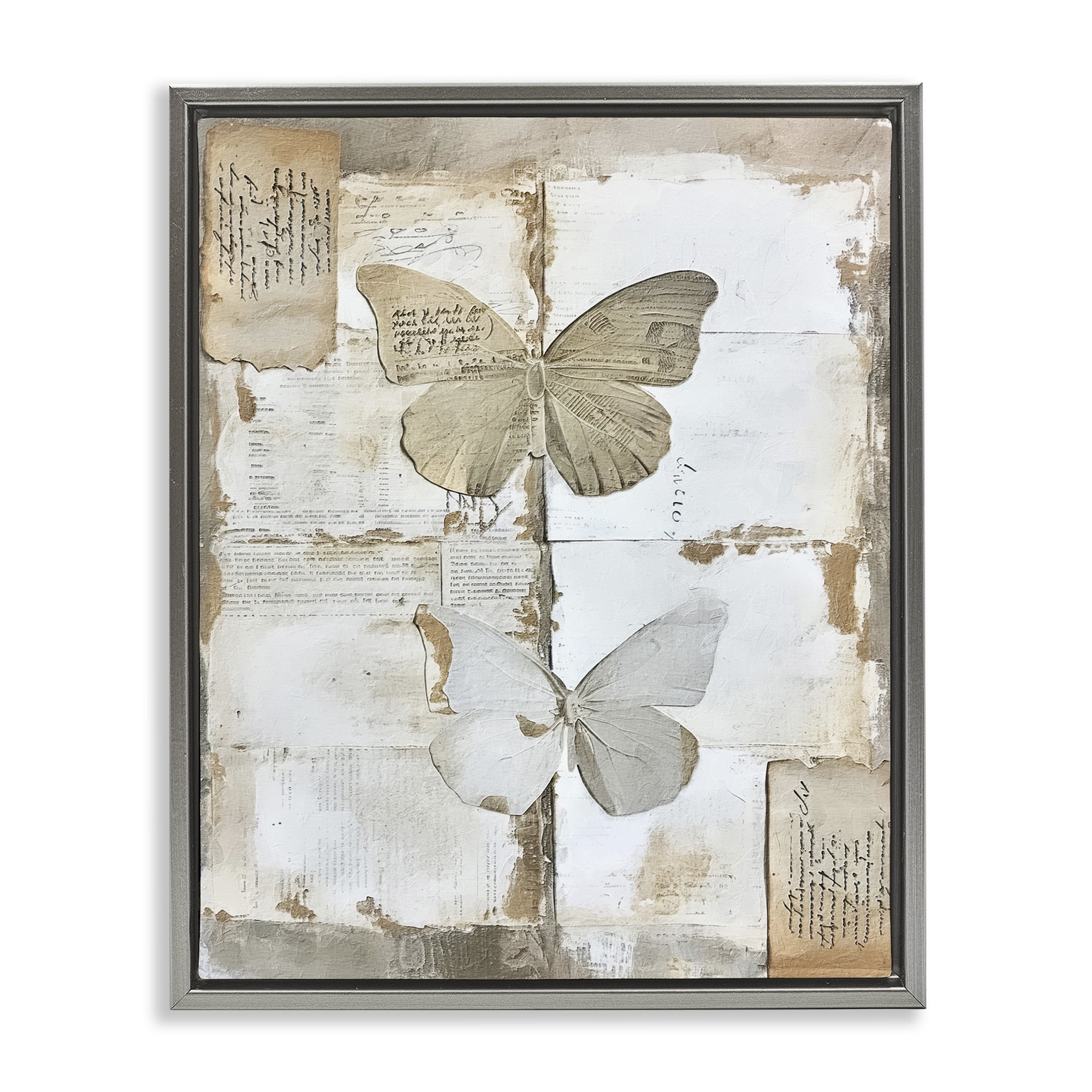 Stupell Industries Vintage Butterfly Collage Animals Painting Gray Floater Framed Canvas Art Print Wall Art, 25 x 31