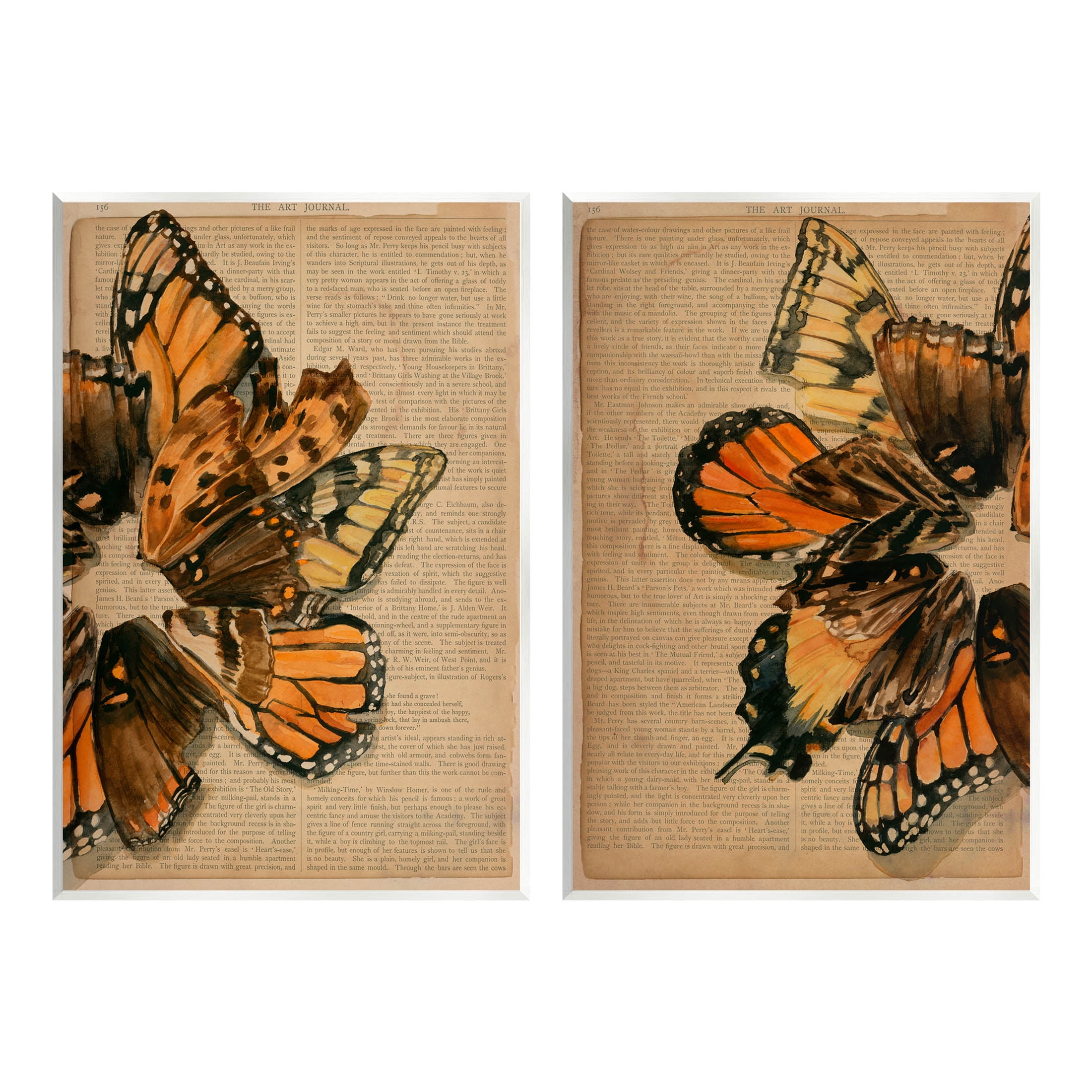 Vintage Butterfly Literature Pages Canvas Art Set in Orange and Brown