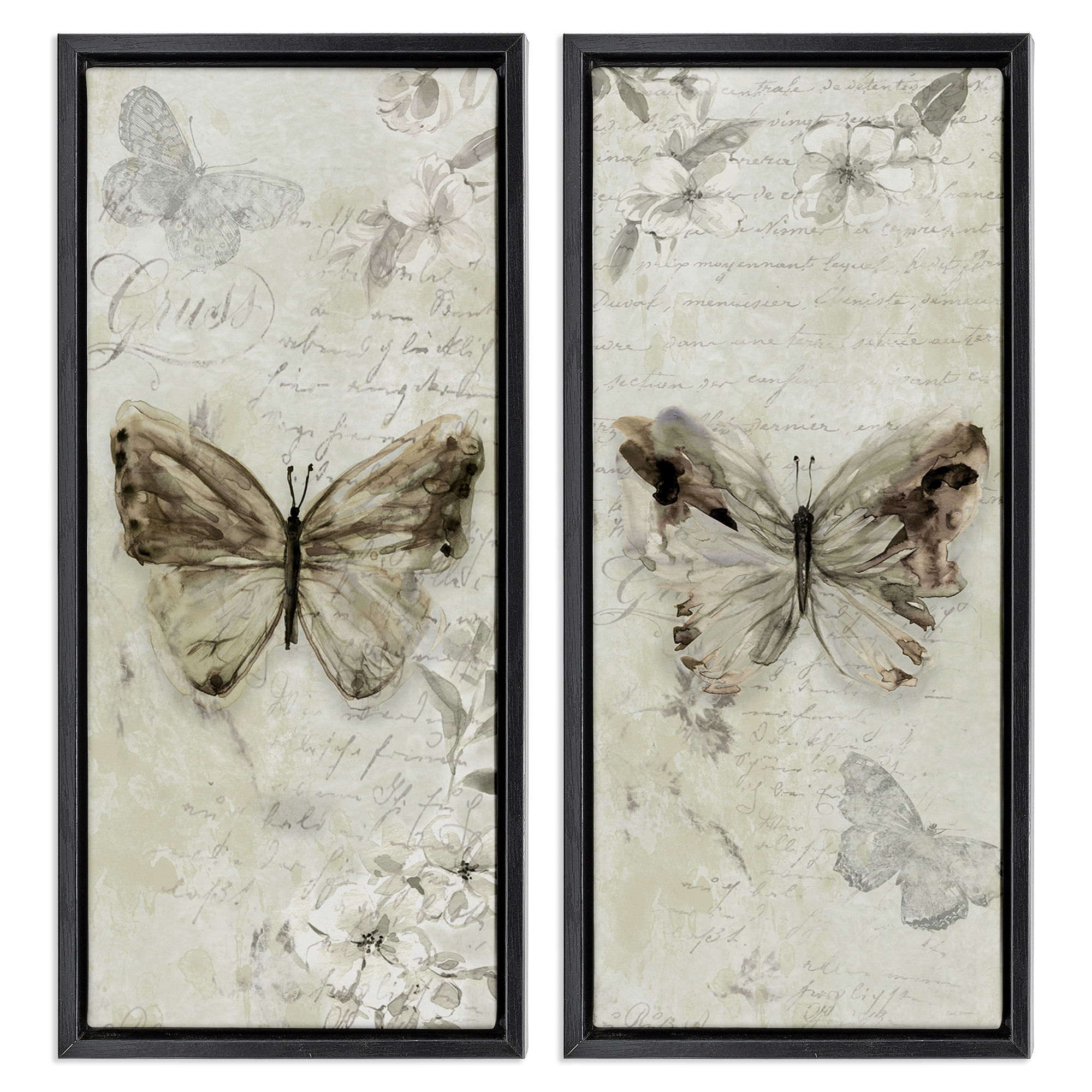 Stupell Industries Vintage Butterfly Scrapbook Page Animals Painting Black Floater Framed Canvas Art Print Wall Art, 11 x 25, Set of 2