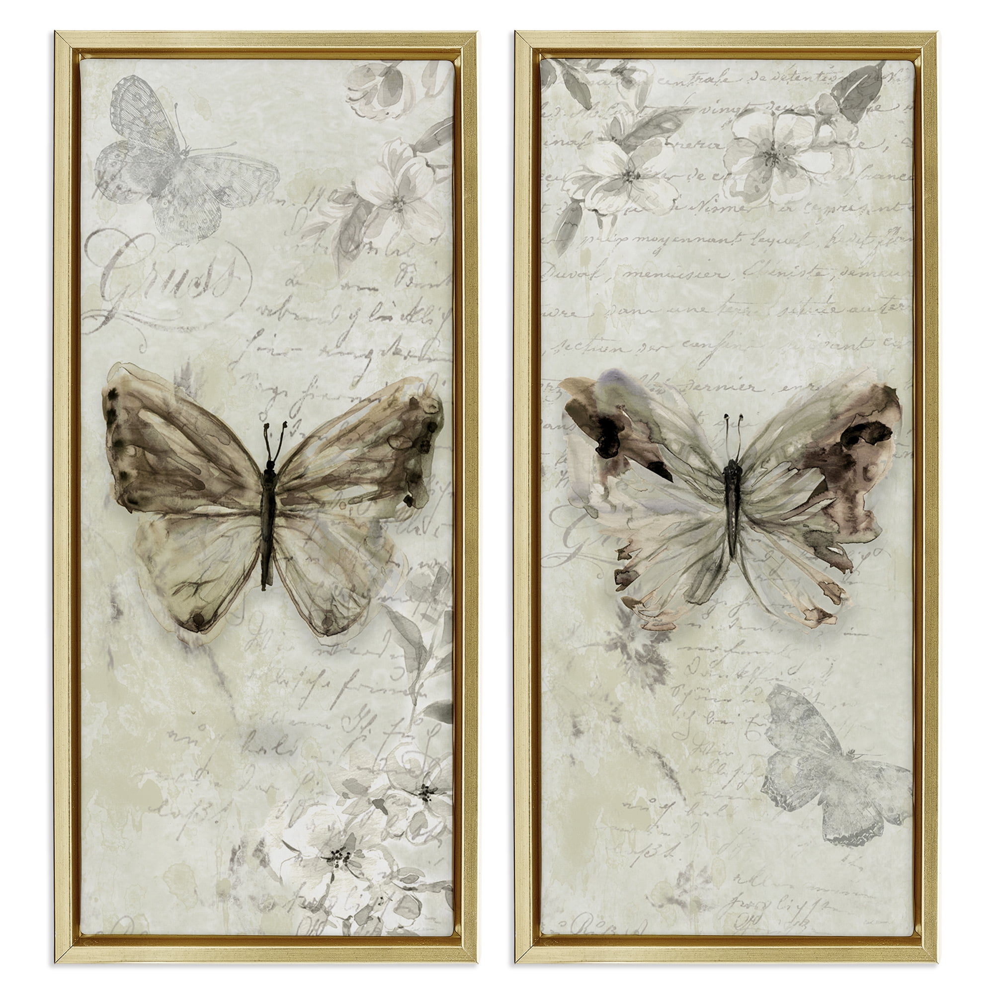 Stupell Industries Vintage Butterfly Scrapbook Page Animals Painting Gold Floater Framed Canvas Art Print Wall Art, 11 x 25, Set of 2