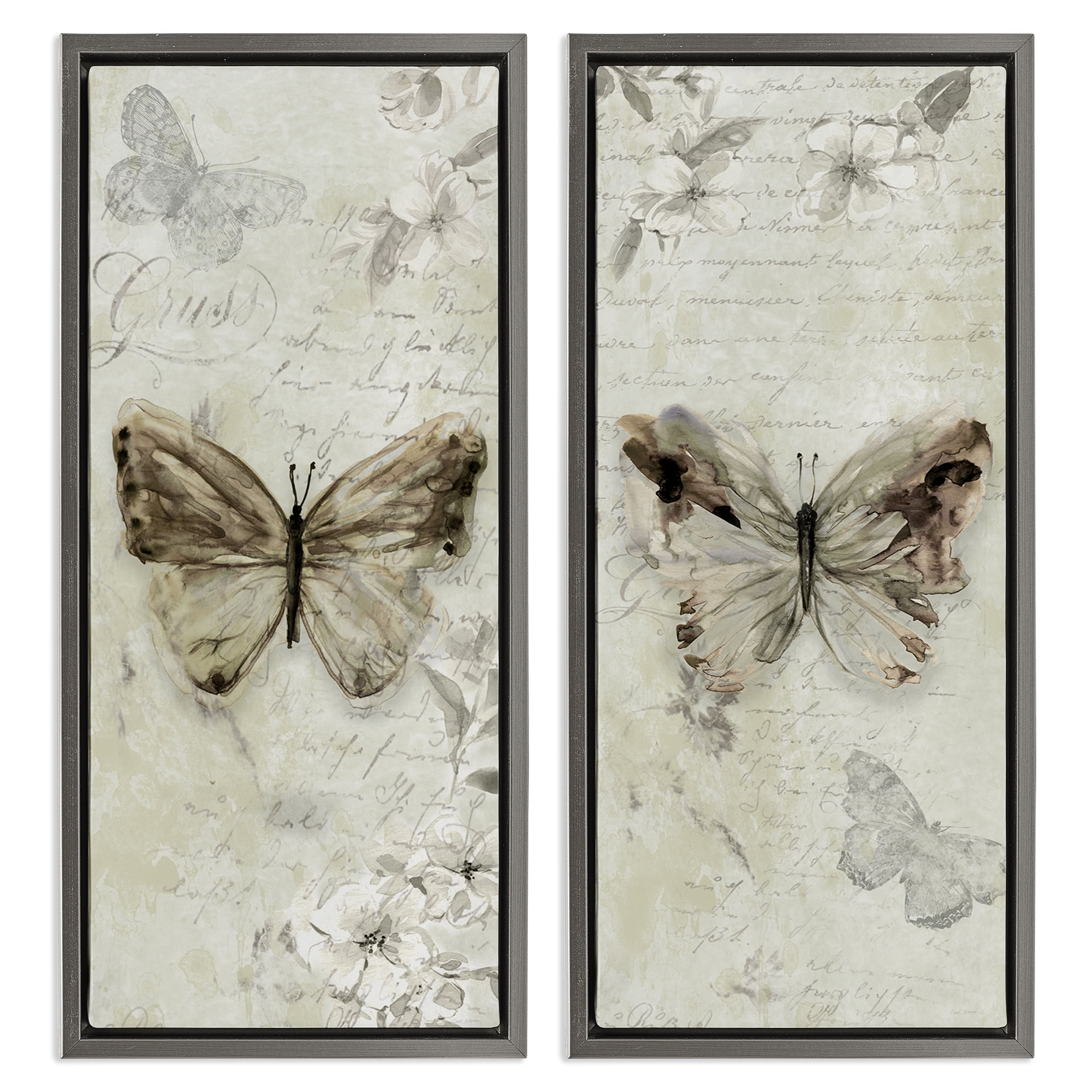 Stupell Industries Vintage Butterfly Scrapbook Page Animals Painting Gray Floater Framed Canvas Art Print Wall Art, 11 x 25, Set of 2