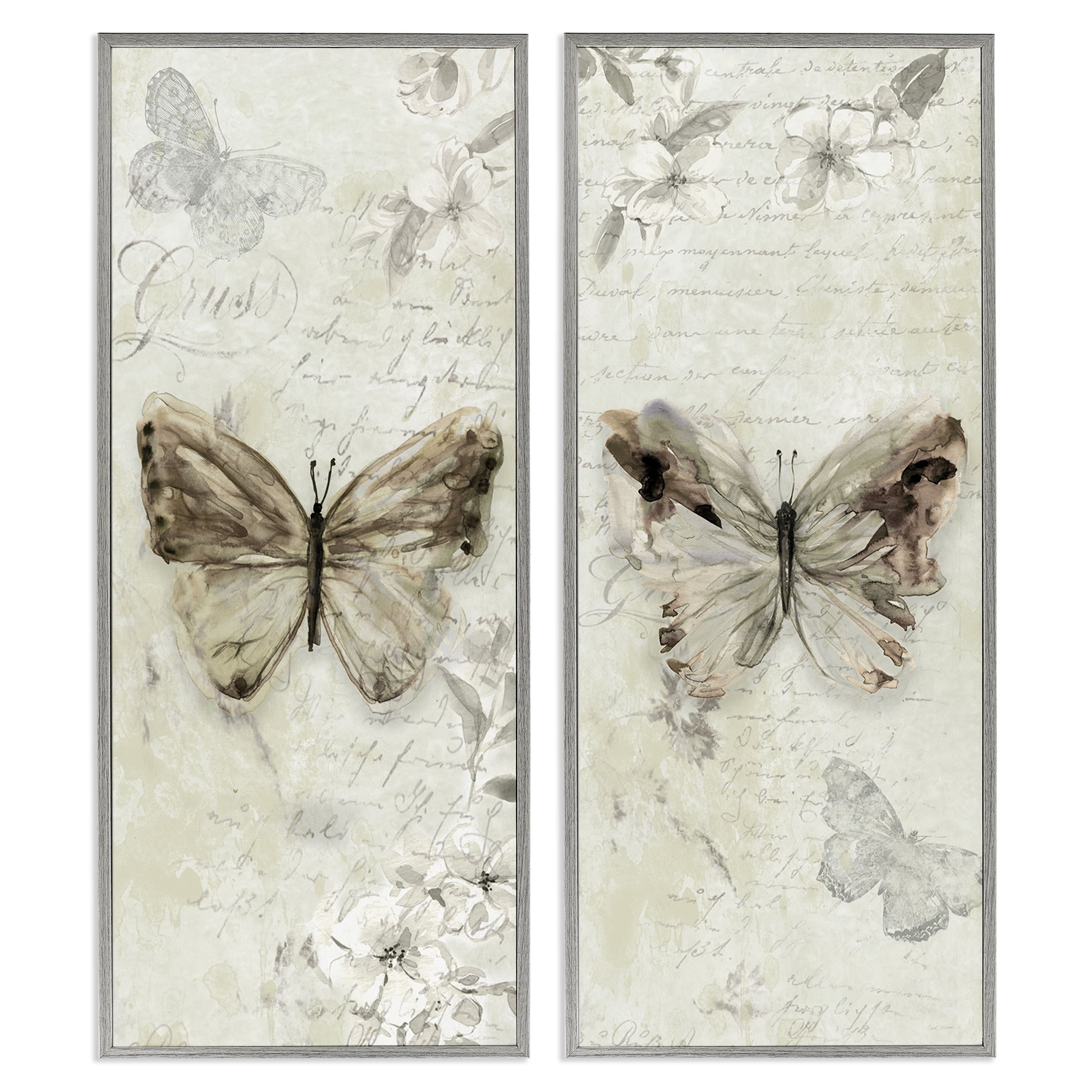 Stupell Industries Vintage Butterfly Scrapbook Page Animals Painting Gray Framed Art Print Wall Art, 10 x 24, Set of 2