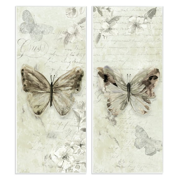 Stupell Industries Vintage Butterfly Scrapbook Page Animals Painting Unframed Art Print Wall Art, 7 x 17, Set of 2