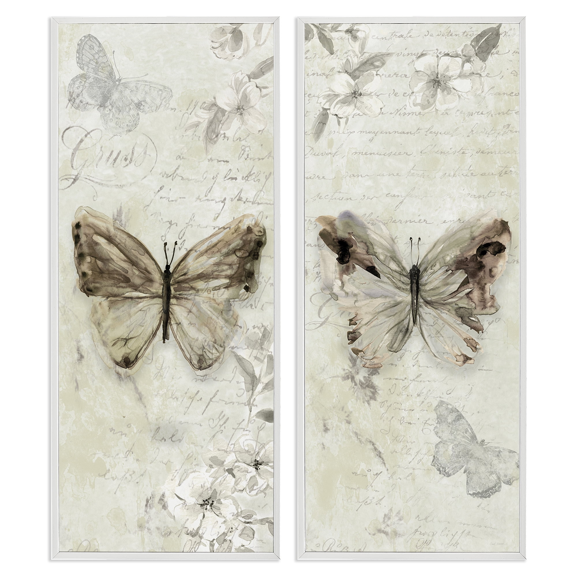 Stupell Industries Vintage Butterfly Scrapbook Page Animals Painting White Framed Art Print Wall Art, 13 x 30, Set of 2