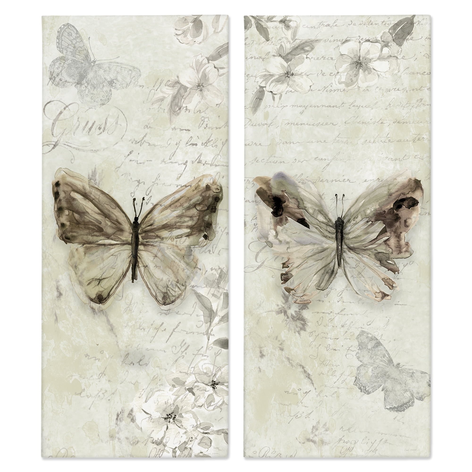 Stupell Industries Vintage Butterfly Scrapbook Page Animals Painting Wrapped Canvas Art Print Wall Art, 10 x 24, Set of 2