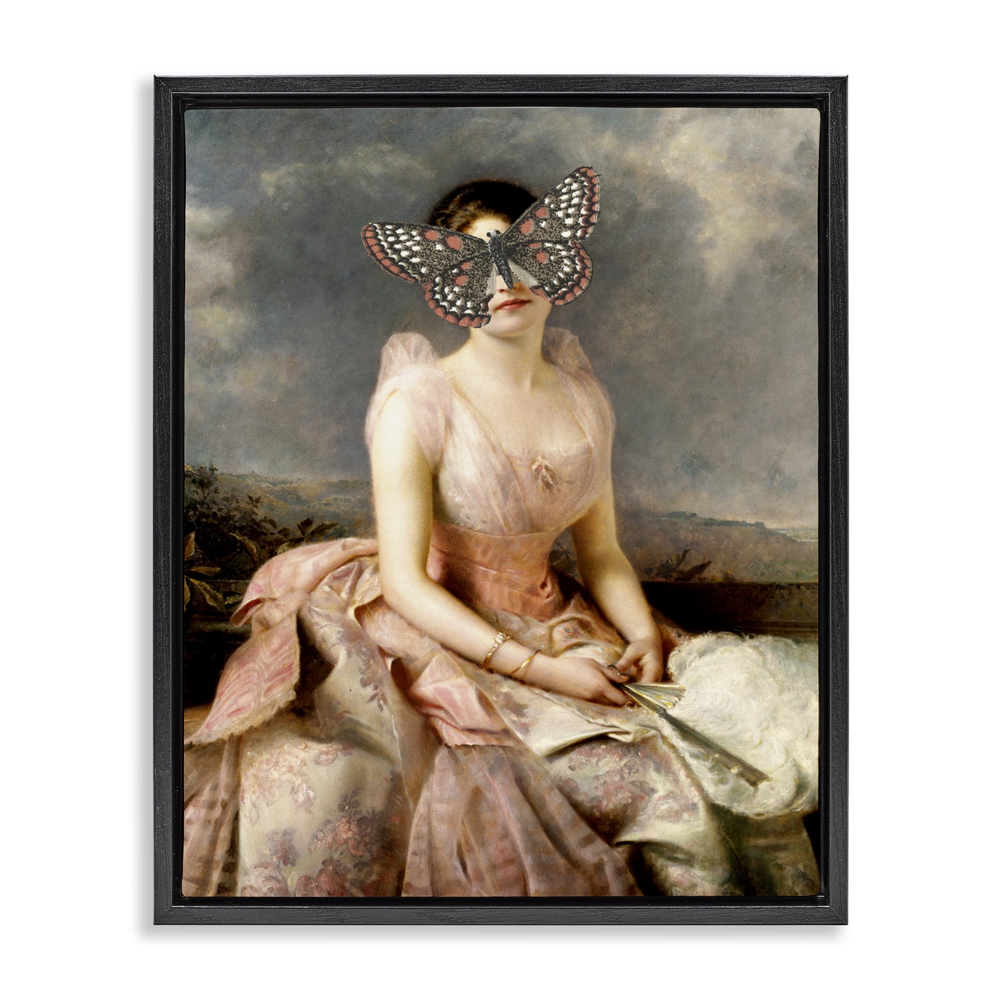 Stupell Industries Vintage Butterfly View People Painting Black Floater Framed Canvas Art Print Wall Art, 25 x 31