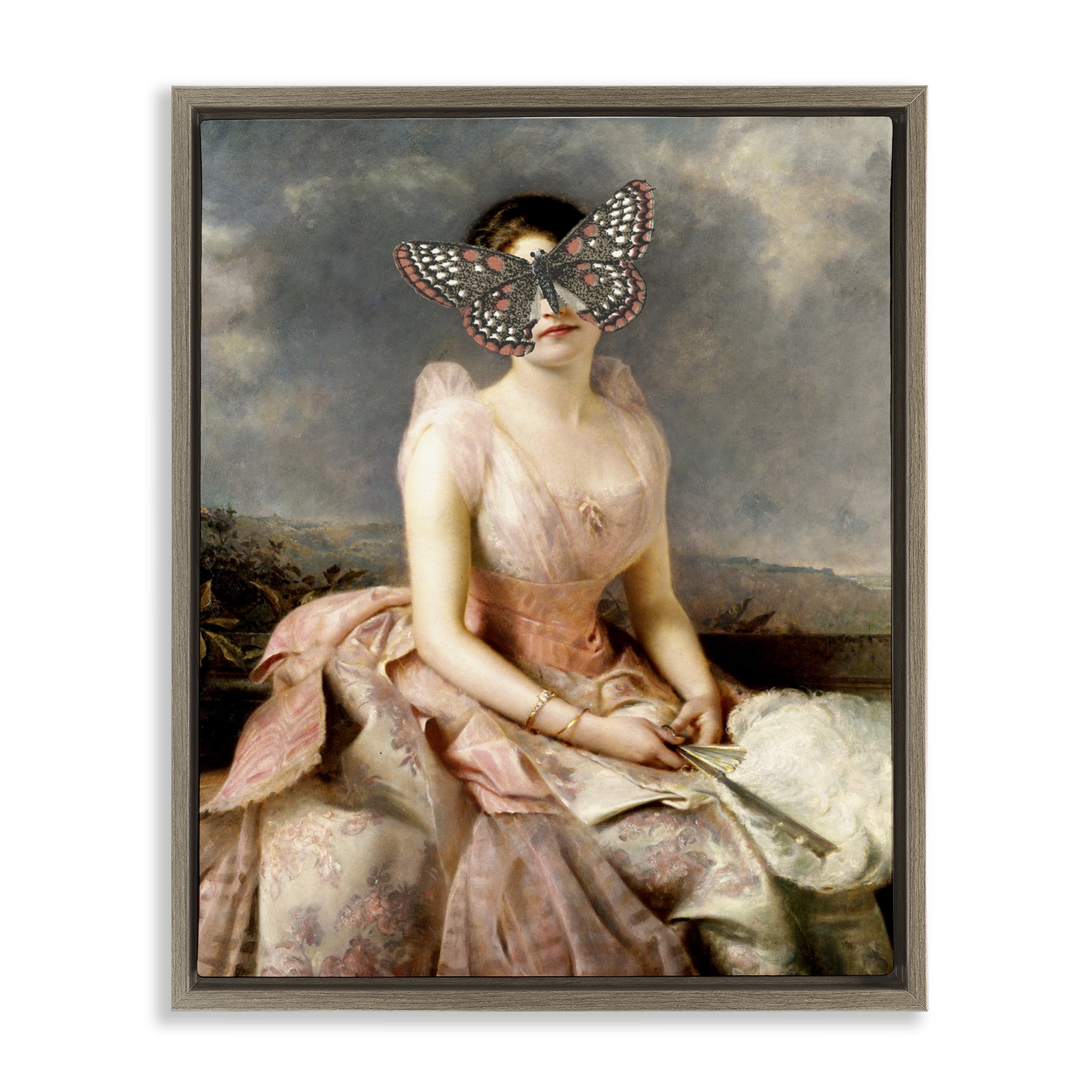 Stupell Industries Vintage Butterfly View People Painting Brown Floater Framed Canvas Art Print Wall Art, 25 x 31