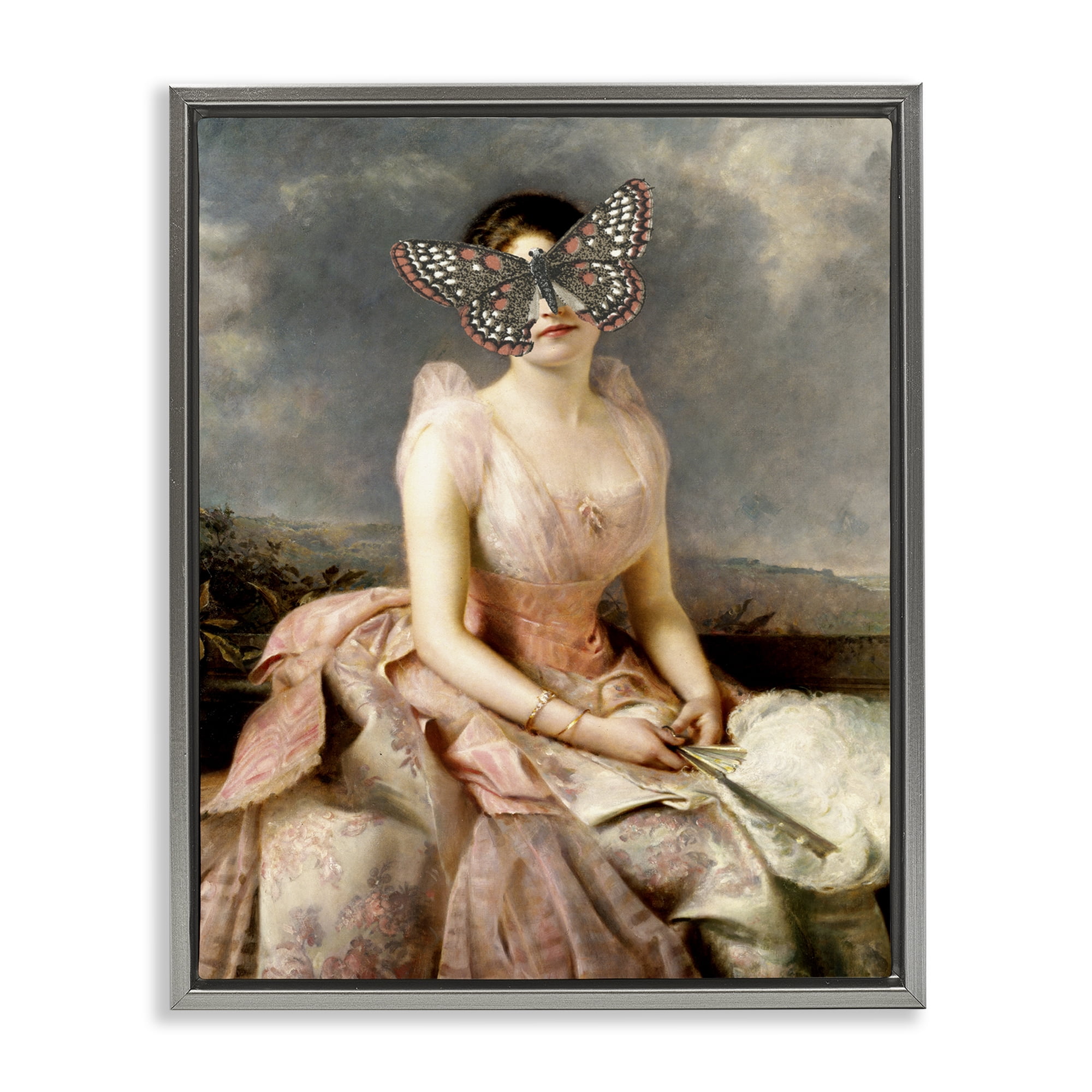 Stupell Industries Vintage Butterfly View People Painting Gray Floater Framed Canvas Art Print Wall Art, 17 x 21