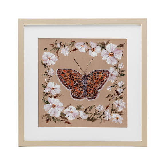 Vintage Butterfly with Blossom Border Brown Framed Print Under Glass, 16 x 16, Made In USA
