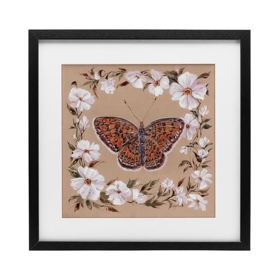 Vintage Butterfly with Blossom Border Black Framed Print Under Glass, 16 x 16, Made In USA