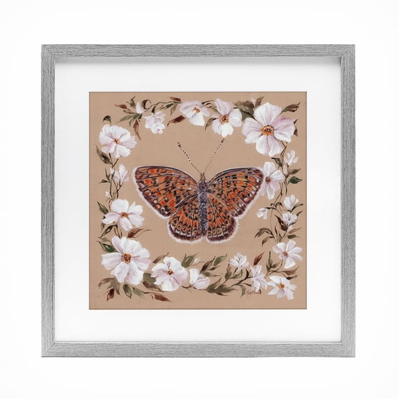 Vintage Butterfly with Blossom Border Gray Framed Print Under Glass, 16 x 16, Made In USA