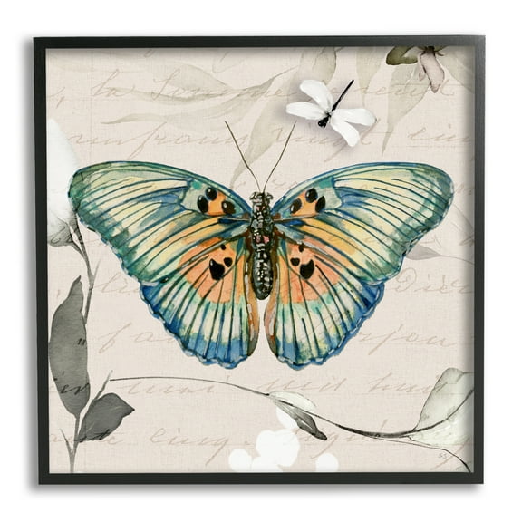 Stupell Industries Vintage Butterfly with Cursive Animals & Insects Painting Black Framed Art Print Wall Art, 12 x 12