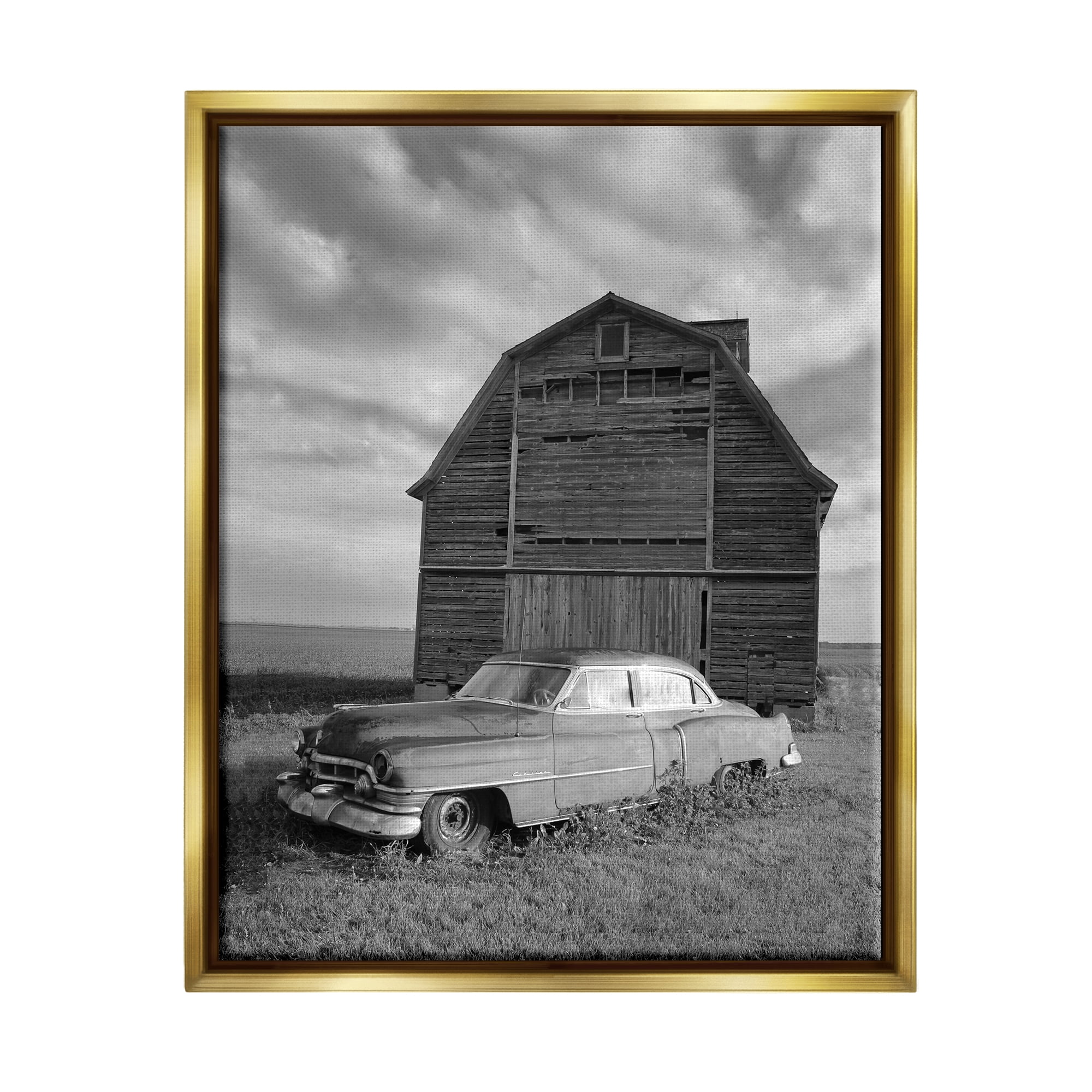 Stupell Industries Vintage Car & Barn Transportation Photography Gold Floater Framed Canvas Art Print Wall Art, 17 x 21