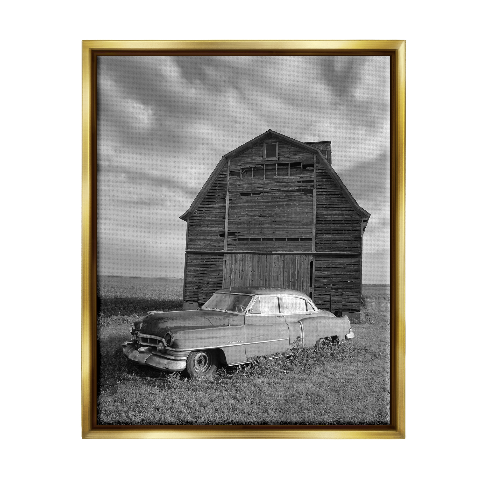 Stupell Industries Vintage Car & Barn Transportation Photography Gold Floater Framed Canvas Art Print Wall Art, 25 x 31