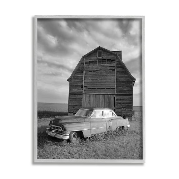 Stupell Industries Vintage Car & Barn Transportation Photography Gray Framed Art Print Wall Art, 16 x 20