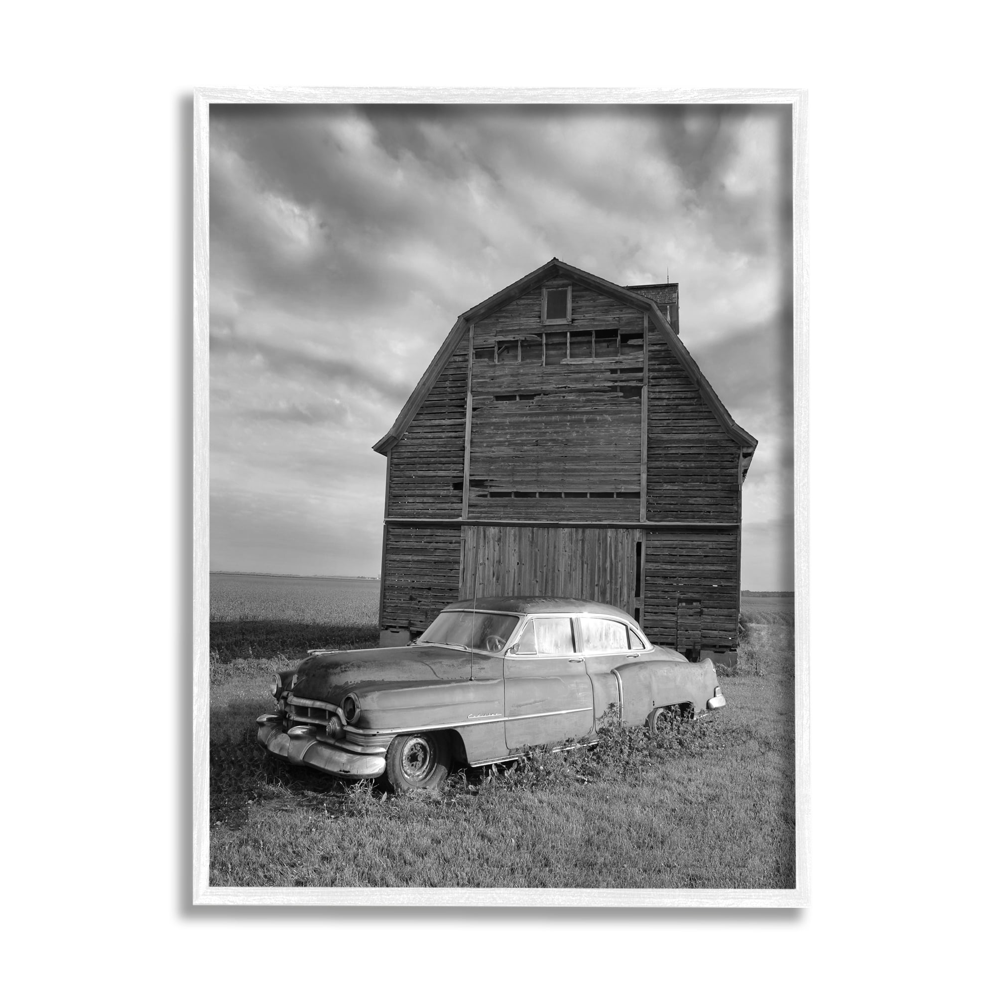 Stupell Industries Vintage Car & Barn Transportation Photography White Framed Art Print Wall Art, 24 x 30
