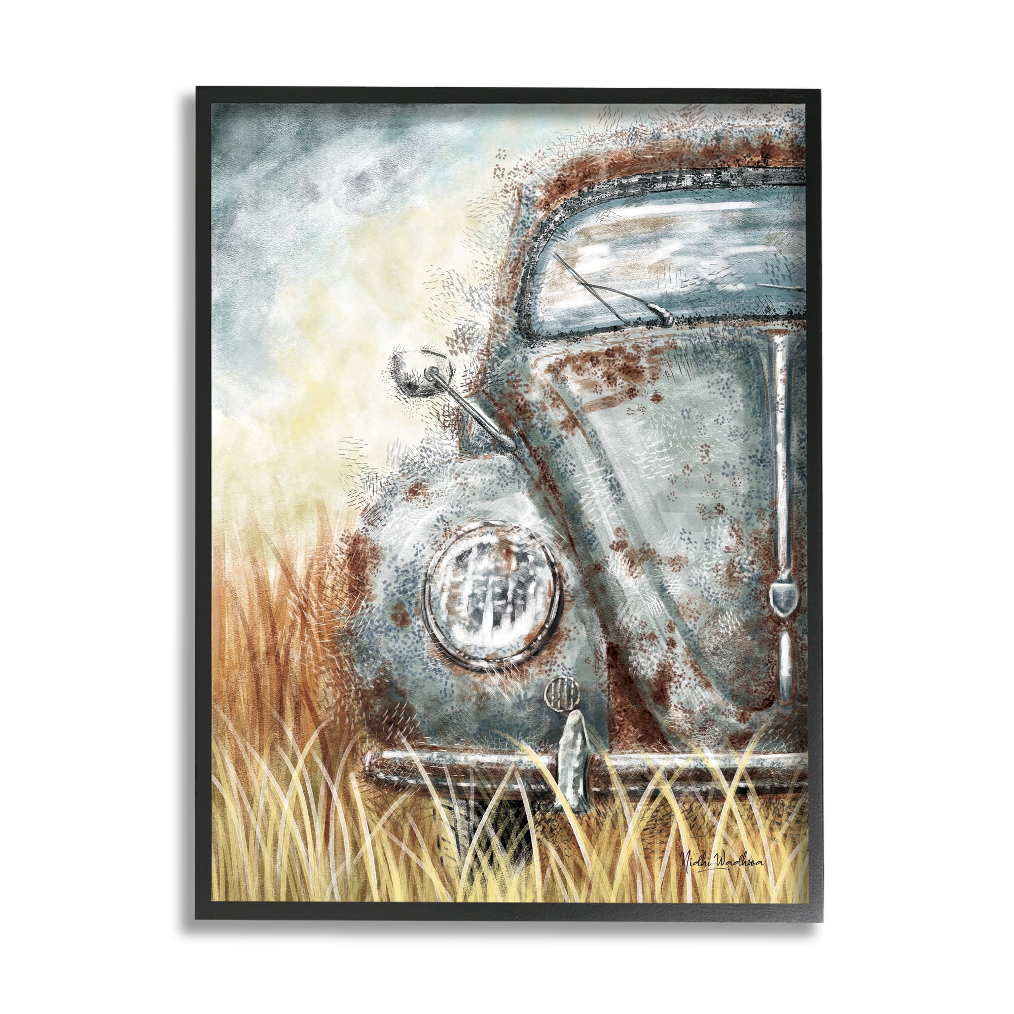 Stupell Industries Vintage Car Country Field Transportation Painting Black Framed Art Print Wall Art, 16 x 20