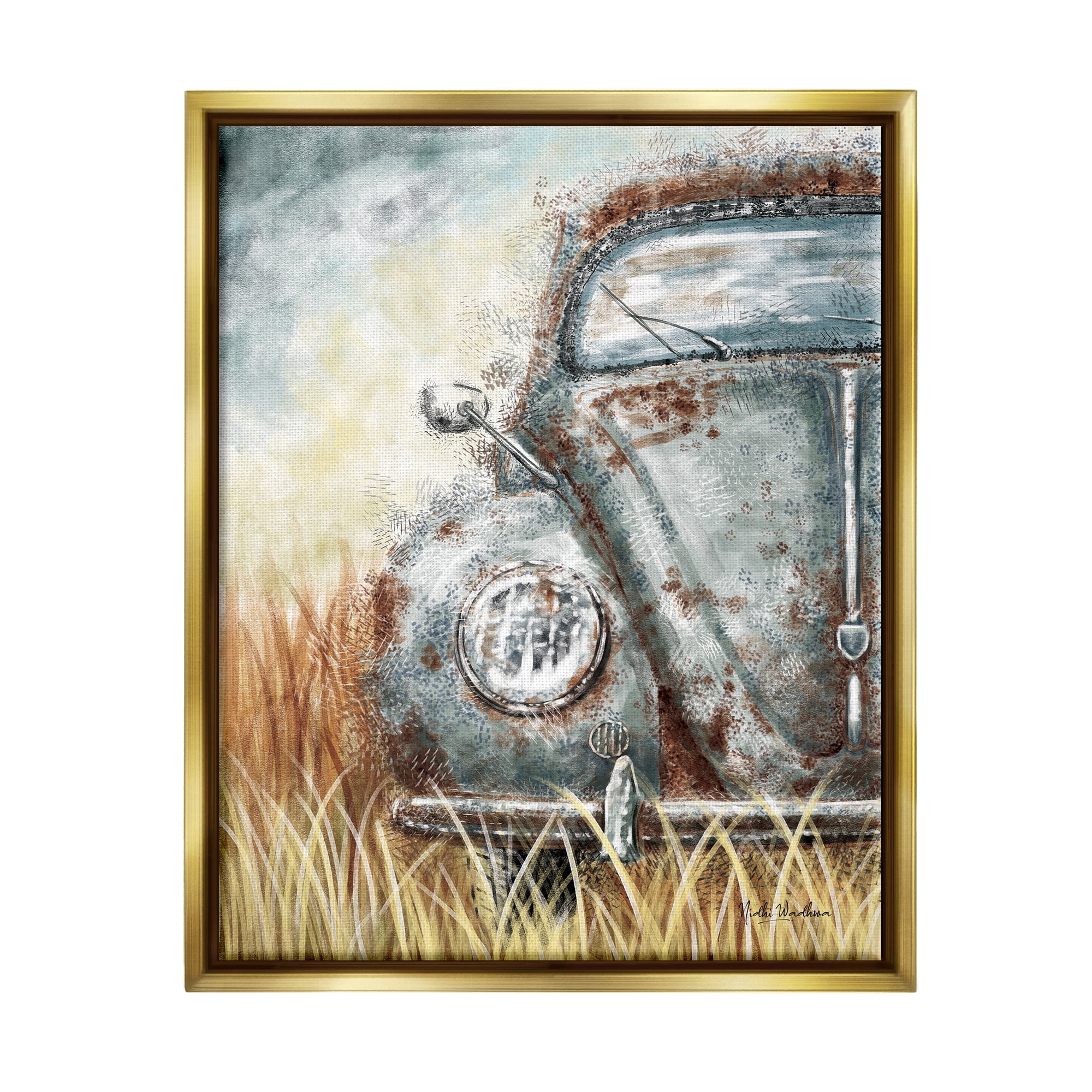 Stupell Industries Vintage Car Country Field Transportation Painting Gold Floater Framed Art Print Wall Art, 17 x 21