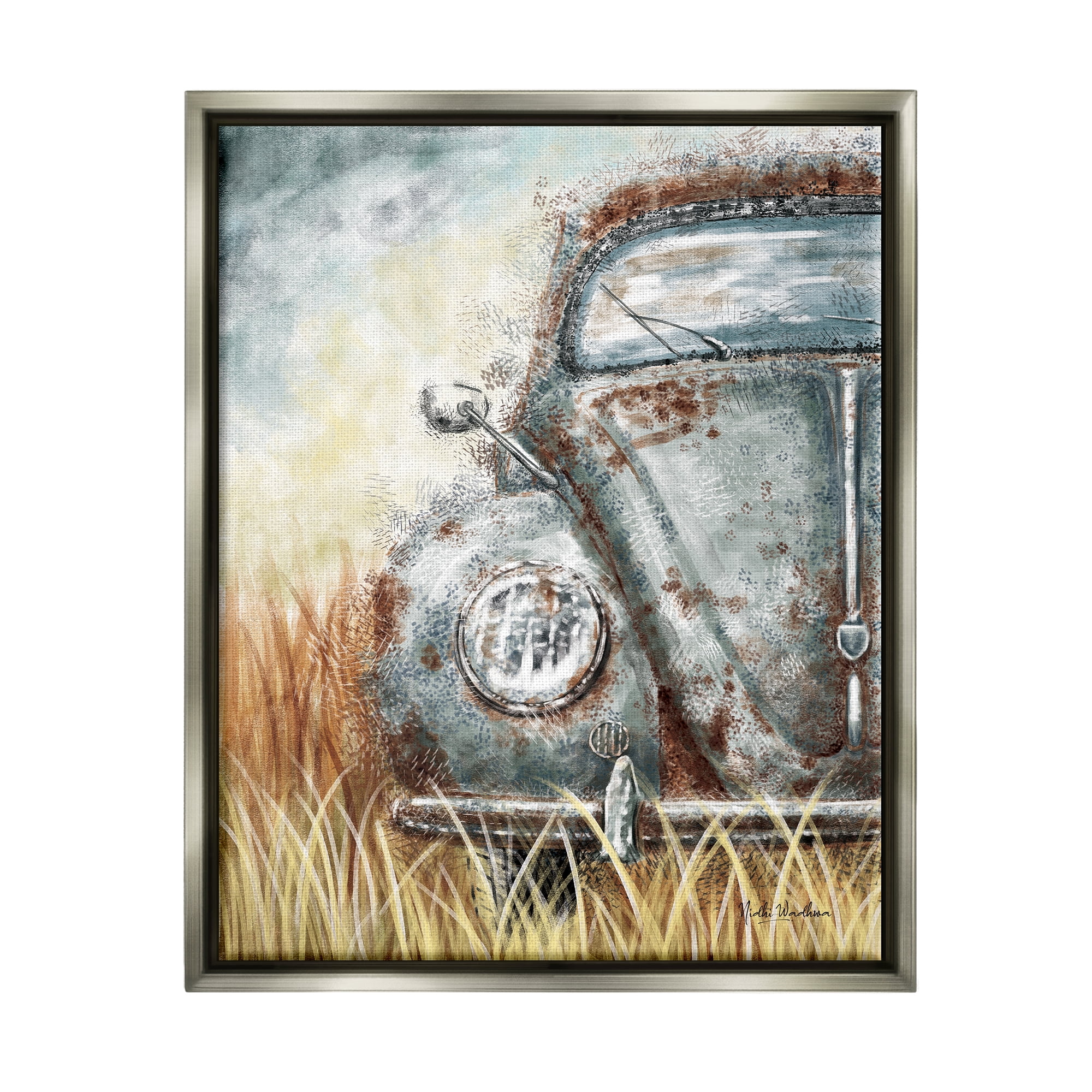 Stupell Industries Vintage Car Country Field Transportation Painting Gray Floater Framed Art Print Wall Art, 25 x 31